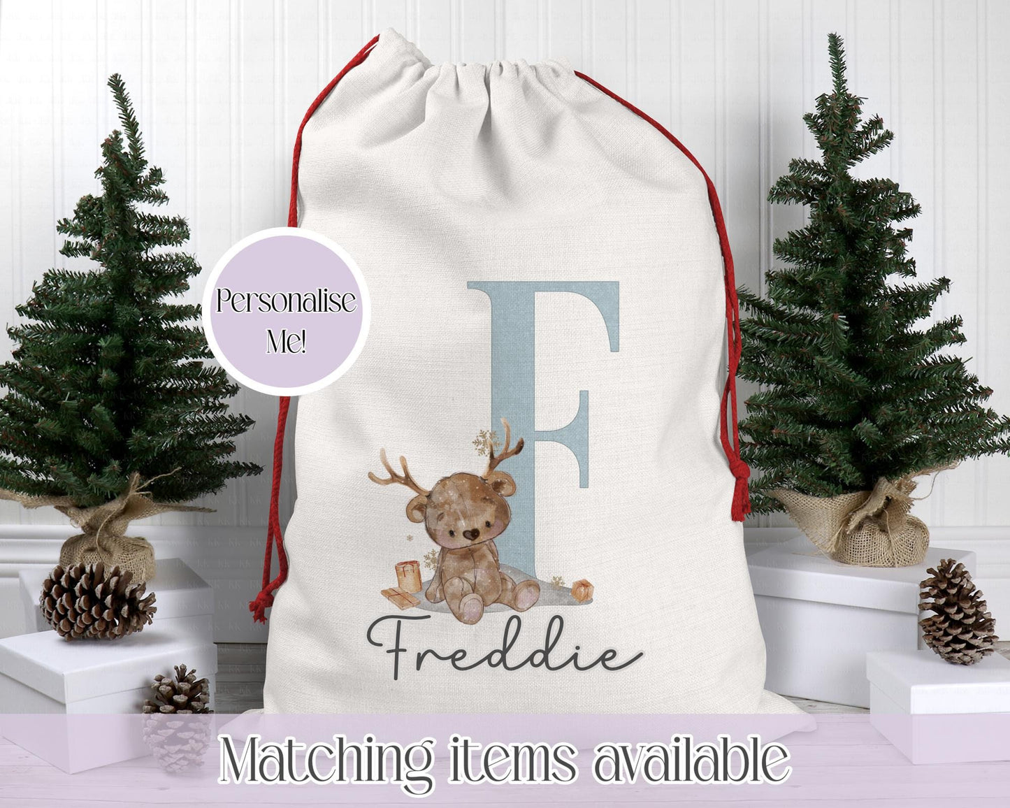 Personalised Christmas Sack β Teddy Bear Reindeer Initial Design | 70 x 50cm | Custom Name Gift Bag - Santa Sack - Various Colours