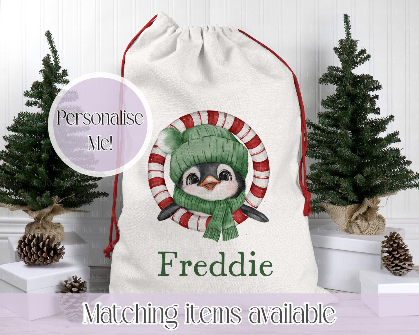 Personalised Penguin Santa Sack – 50x70cm | Custom Penguin Christmas Bag | Choose Colour & Font | Christmas Gift Bag for Kids