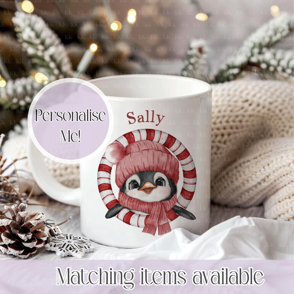 Personalised Christmas Penguin Mug – Enamel or Ceramic | Custom Name | 4 Colours | Optional Matching Handle | Holiday Gift for Kids & Adults