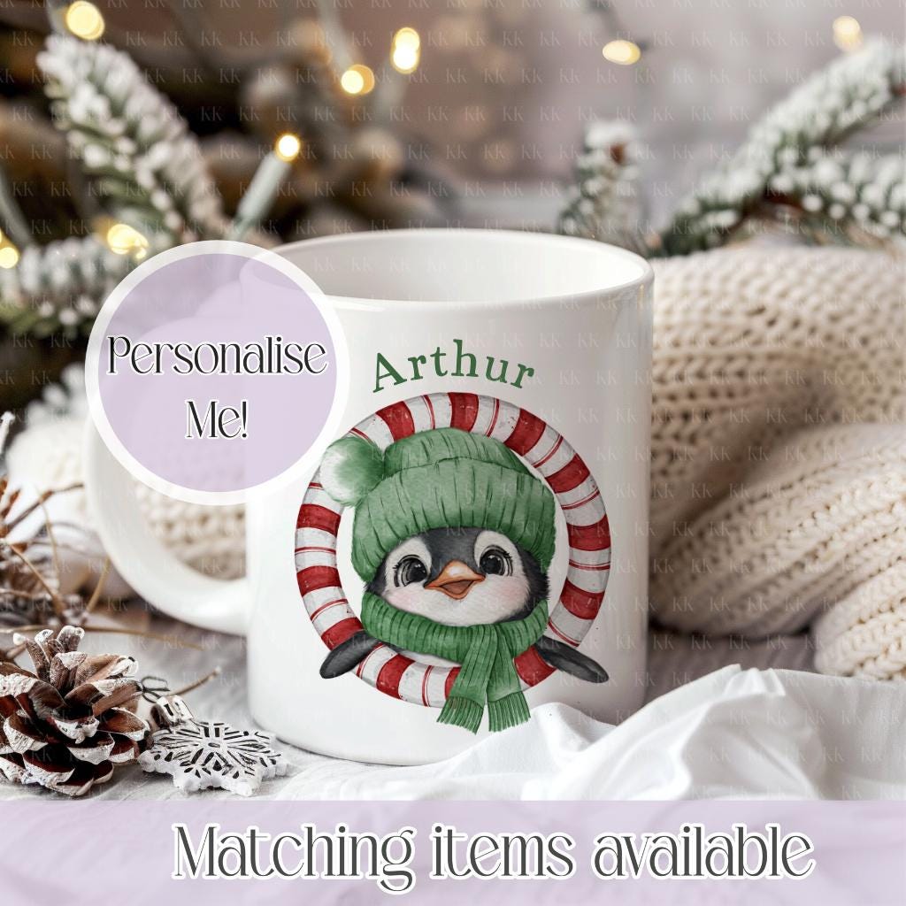 Personalised Christmas Penguin Mug – Enamel or Ceramic | Custom Name | 4 Colours | Optional Matching Handle | Holiday Gift for Kids & Adults