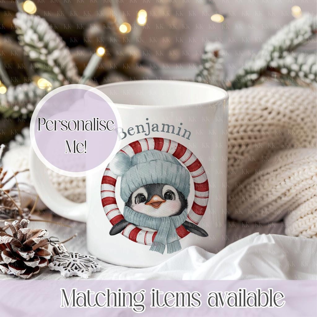 Personalised Christmas Penguin Mug – Enamel or Ceramic | Custom Name | 4 Colours | Optional Matching Handle | Holiday Gift for Kids & Adults