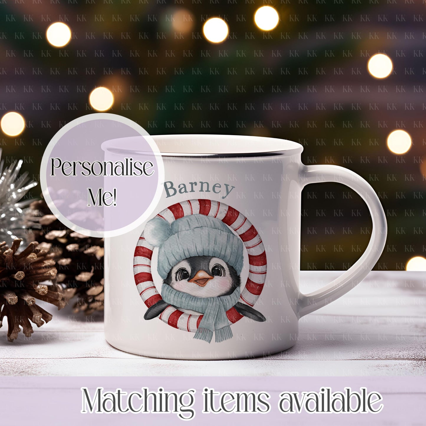 Personalised Christmas Penguin Mug – Enamel or Ceramic | Custom Name | 4 Colours | Optional Matching Handle | Holiday Gift for Kids & Adults