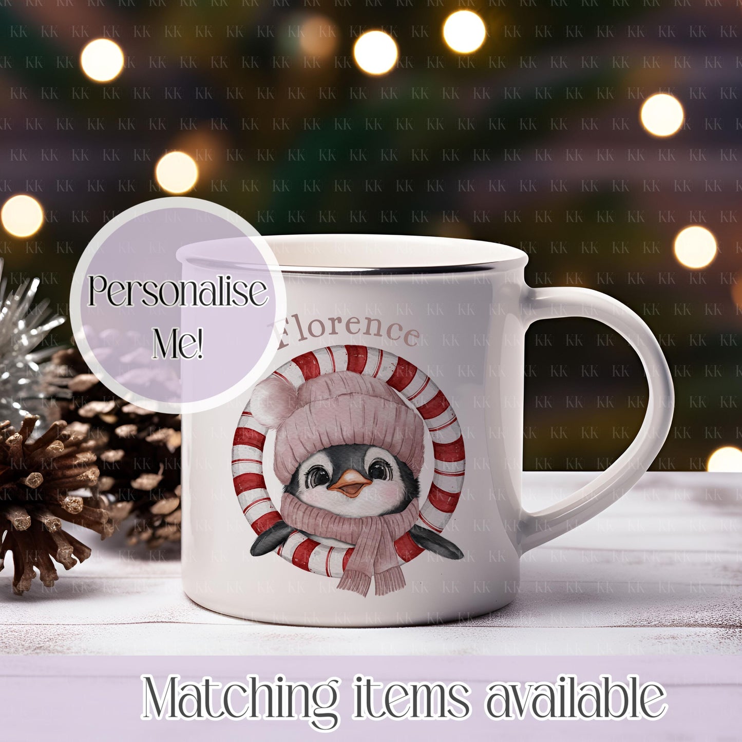 Personalised Christmas Penguin Mug – Enamel or Ceramic | Custom Name | 4 Colours | Optional Matching Handle | Holiday Gift for Kids & Adults