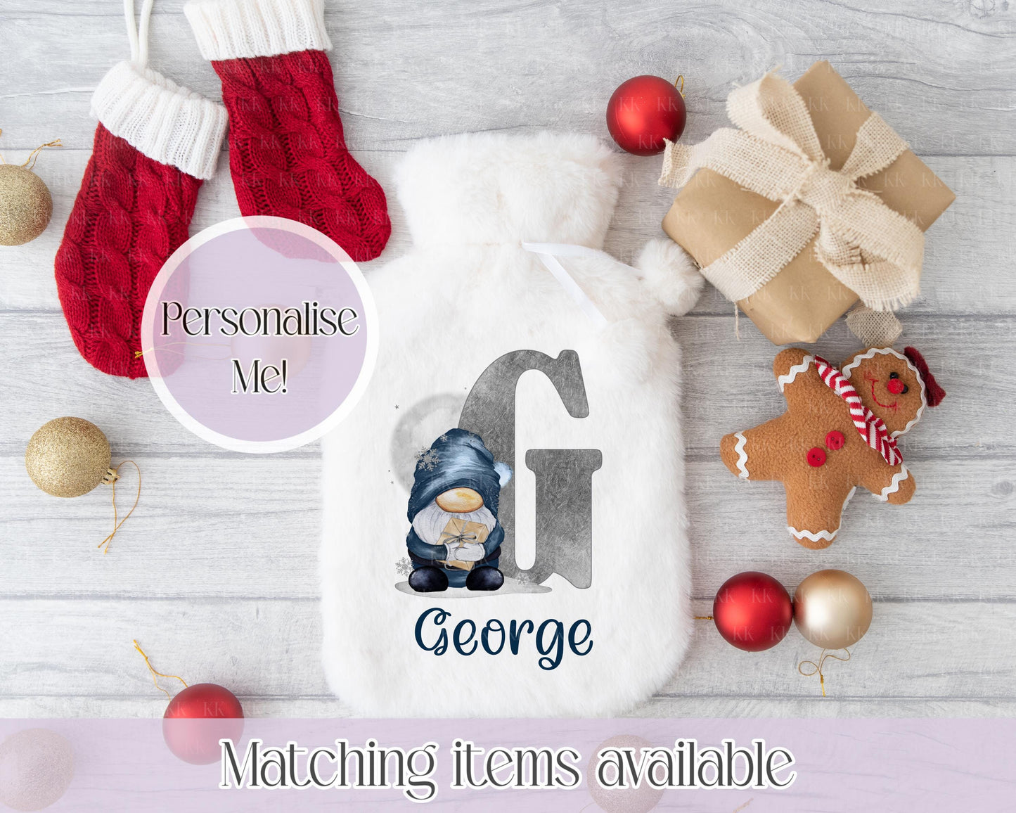 Personalised Hot Water Bottle - Faux Fur Hot Water Bottle Cover - Christmas Navy Gonk Design - Christmas Gift - Gift for him - Gift for her