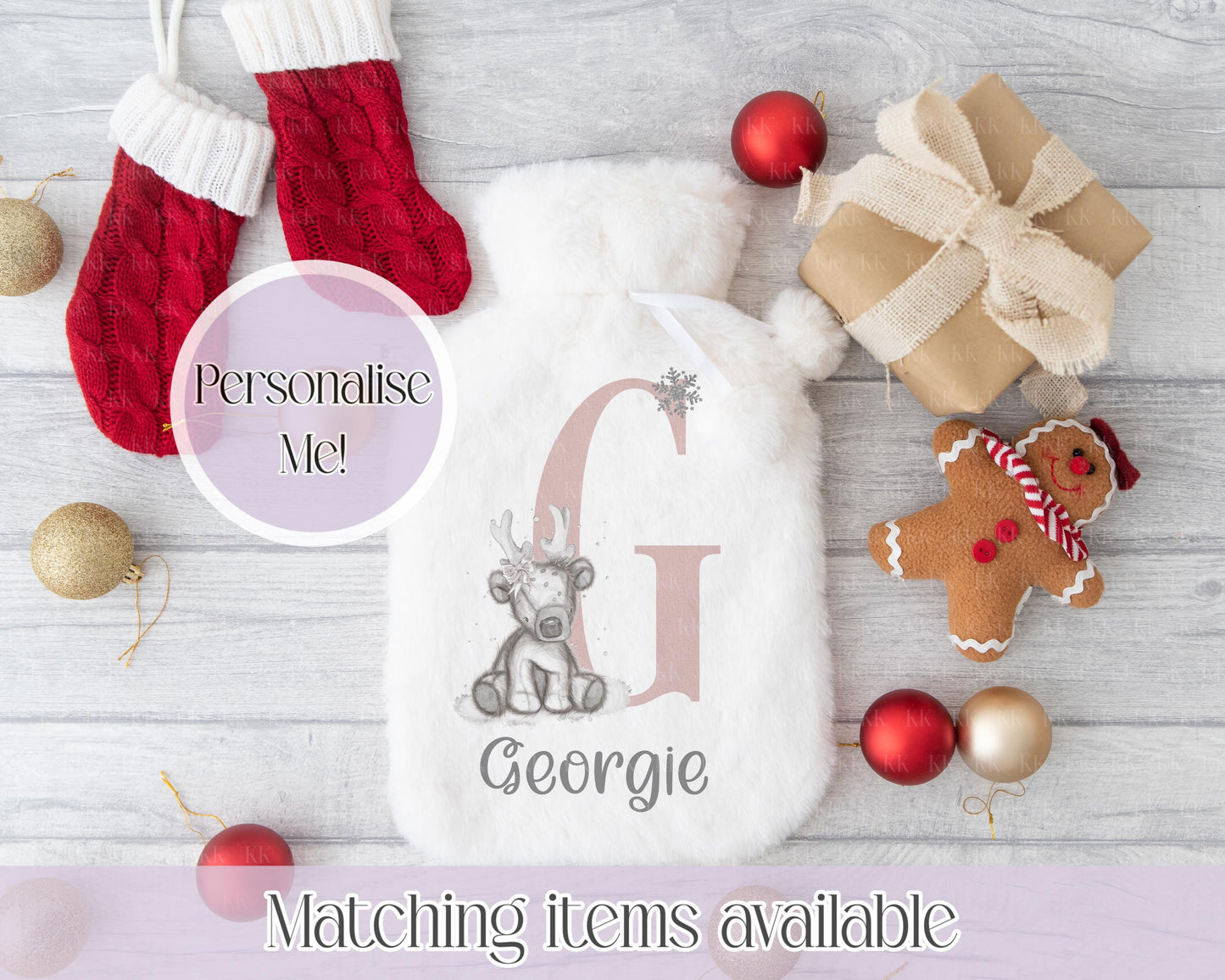 Personalised Reindeer Fluffy Hot Water Bottle with Faux Fur Cover – 2L Hot Water Bottle in Gift Box, Winter Warmer, Christmas Gift