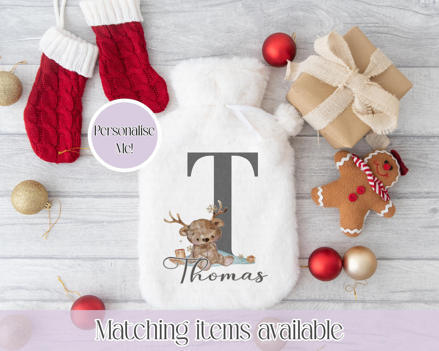 Personalised Reindeer Teddy Fluffy Hot Water Bottle with Faux Fur Cover – 2L Hot Water Bottle in Gift Box, Winter Warmer, Christmas Gift