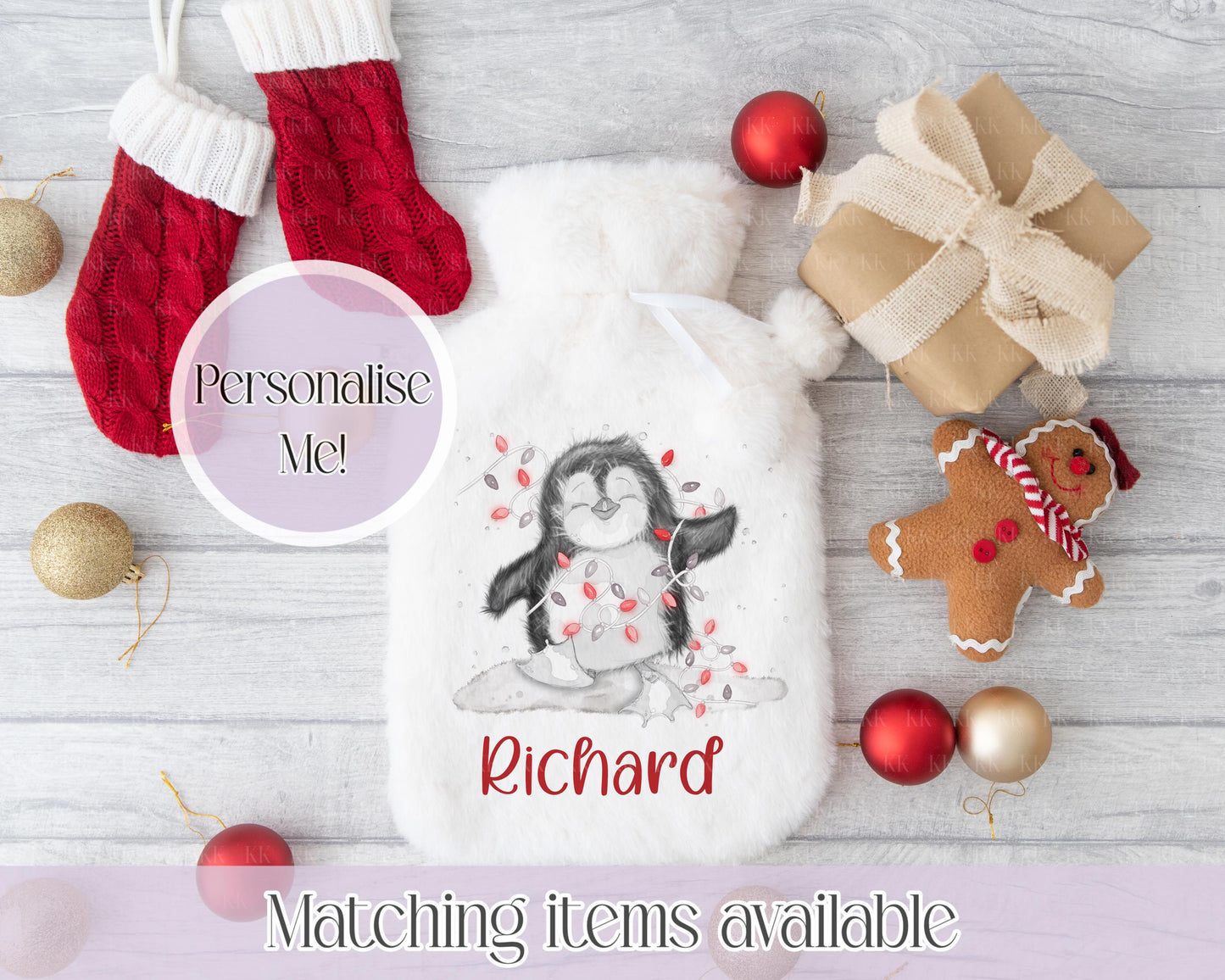 Personalised Penguin Lights Fluffy Hot Water Bottle with Faux Fur Cover – 2L Hot Water Bottle in Gift Box, Winter Warmer, Christmas Gift