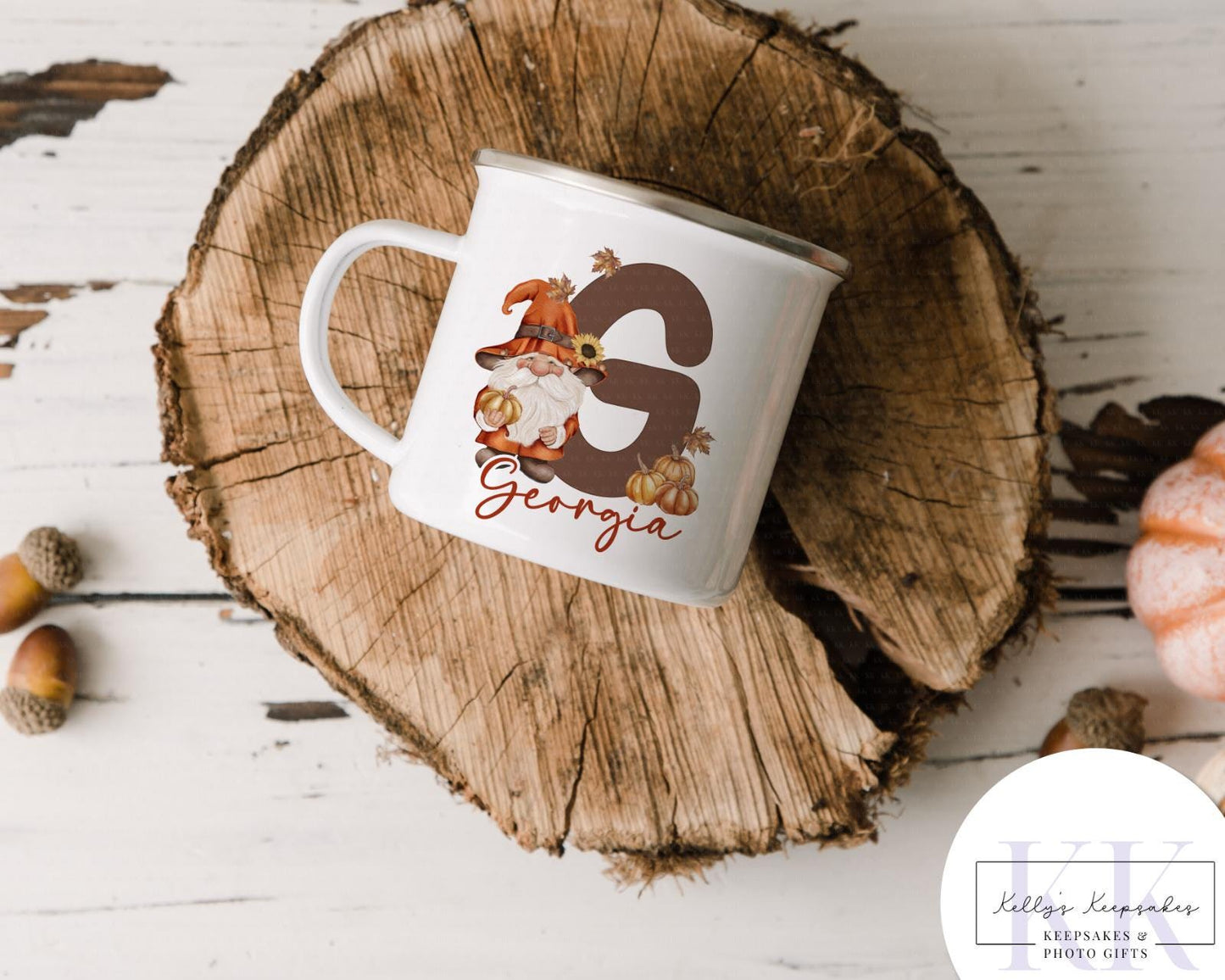 Autumn Gnome Mug - Custom Name - Autumn Coffee Cup | Enamel Camping Mug or White Ceramic - Pumpkin Mug - Autumn Gift - Hot Water Bottle
