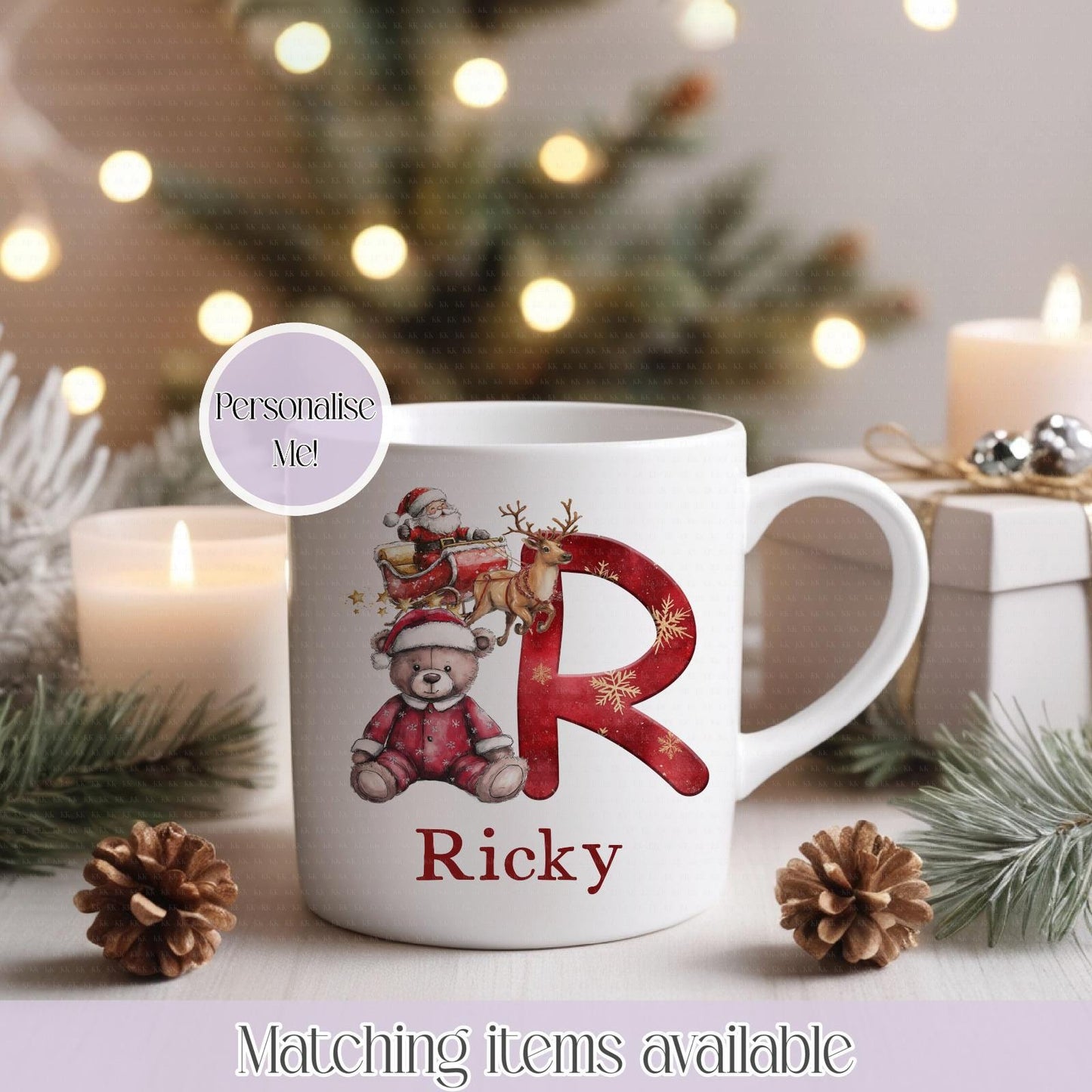 Personalised Christmas Highland Cow & Teddy Bear Mug – Enamel or Ceramic | Custom Name | Christmas Hot Chocolate Mug