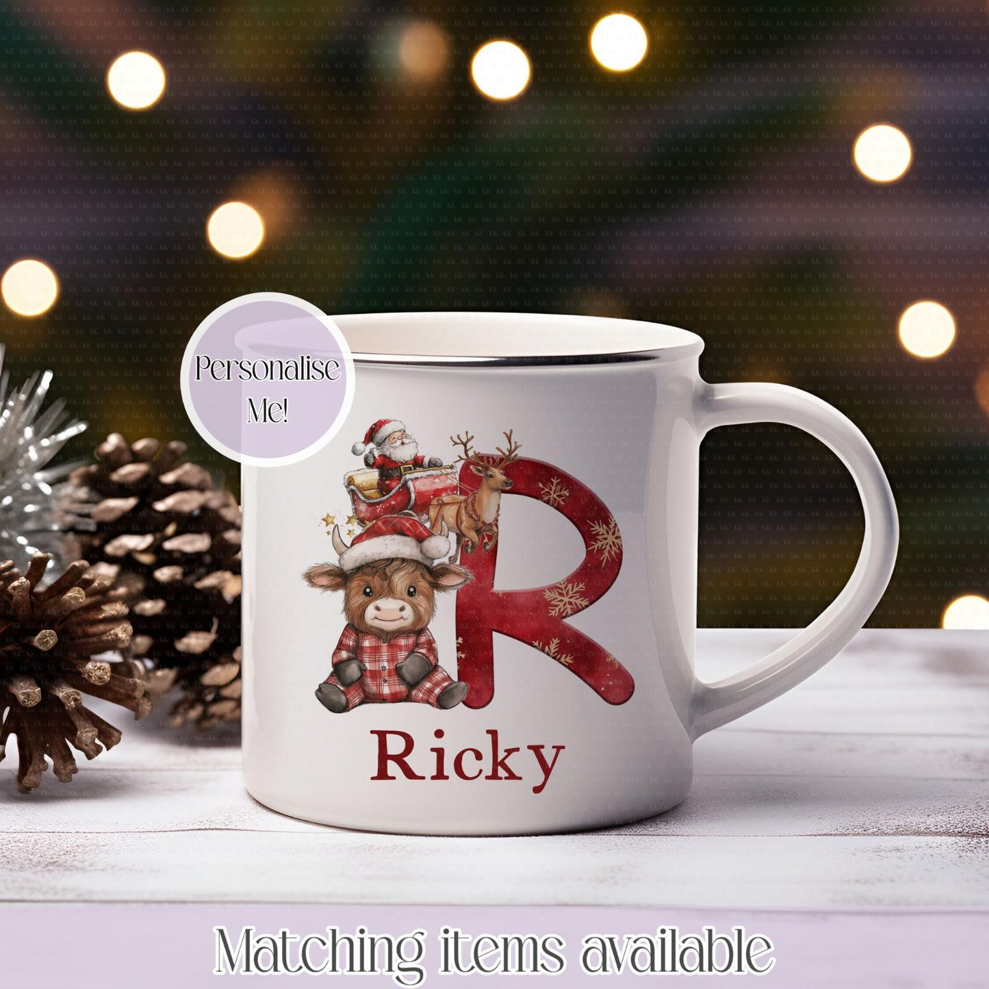 Personalised Christmas Highland Cow & Teddy Bear Mug – Enamel or Ceramic | Custom Name | Christmas Hot Chocolate Mug