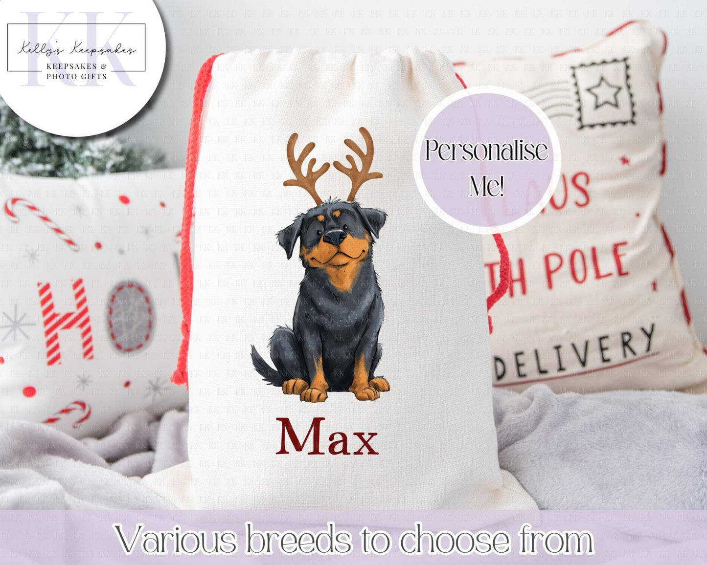 Personalised Dog Breed Santa Present Sack- Treat Sack- Christmas Sack- For The Dog - Santa Sack