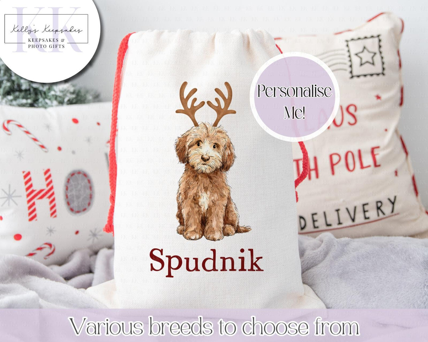 Personalised Dog Breed Santa Present Sack- Treat Sack- Christmas Sack- For The Dog - Santa Sack