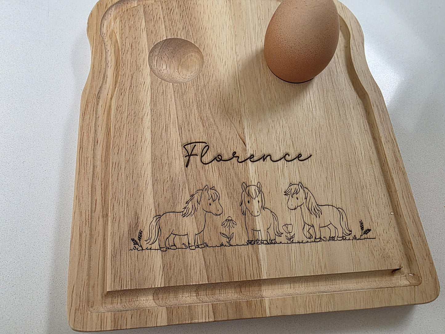 Personalised Wooden Egg Board - Custom Name with Cute Pony Design - Owl & Bunny Design - Bunny and Chick Design - Breakfast Board for Kids