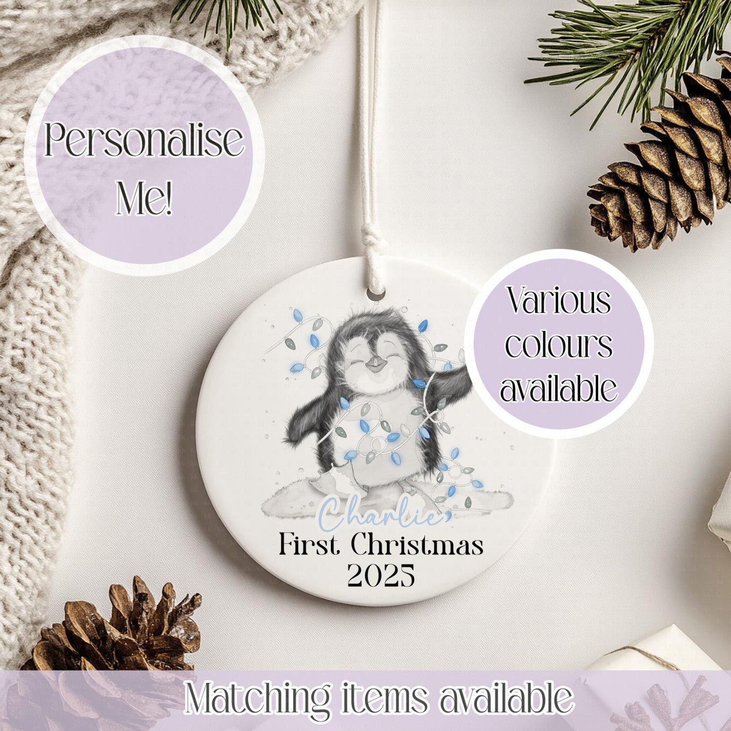 Personalised Penguin Christmas Ceramic Bauble - Christmas Decoration - First Christmas - Fully Editable- Custom Name - Various Colours