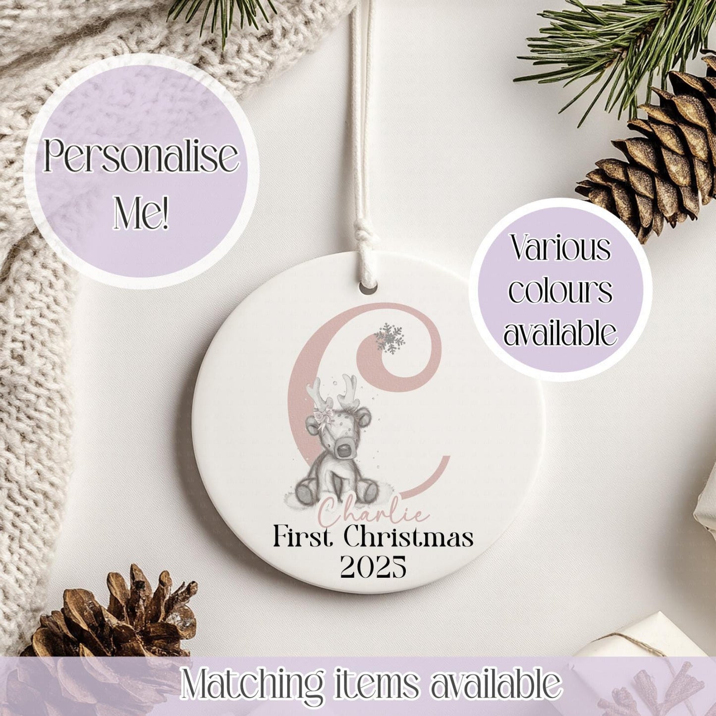 Personalised Reindeer Christmas Ceramic Bauble - Christmas Decoration - First Christmas - Fully Editable- Custom Name - Various Colours
