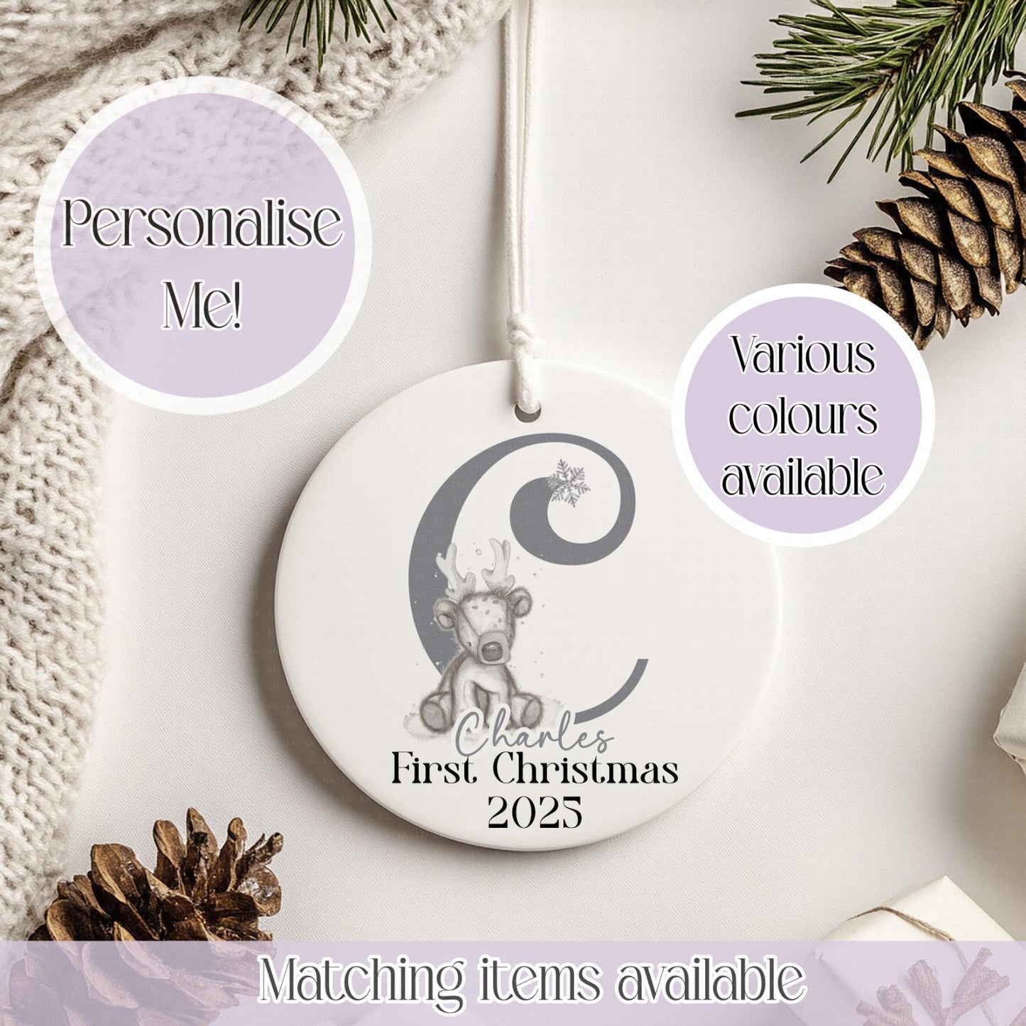 Personalised Reindeer Christmas Ceramic Bauble - Christmas Decoration - First Christmas - Fully Editable- Custom Name - Various Colours