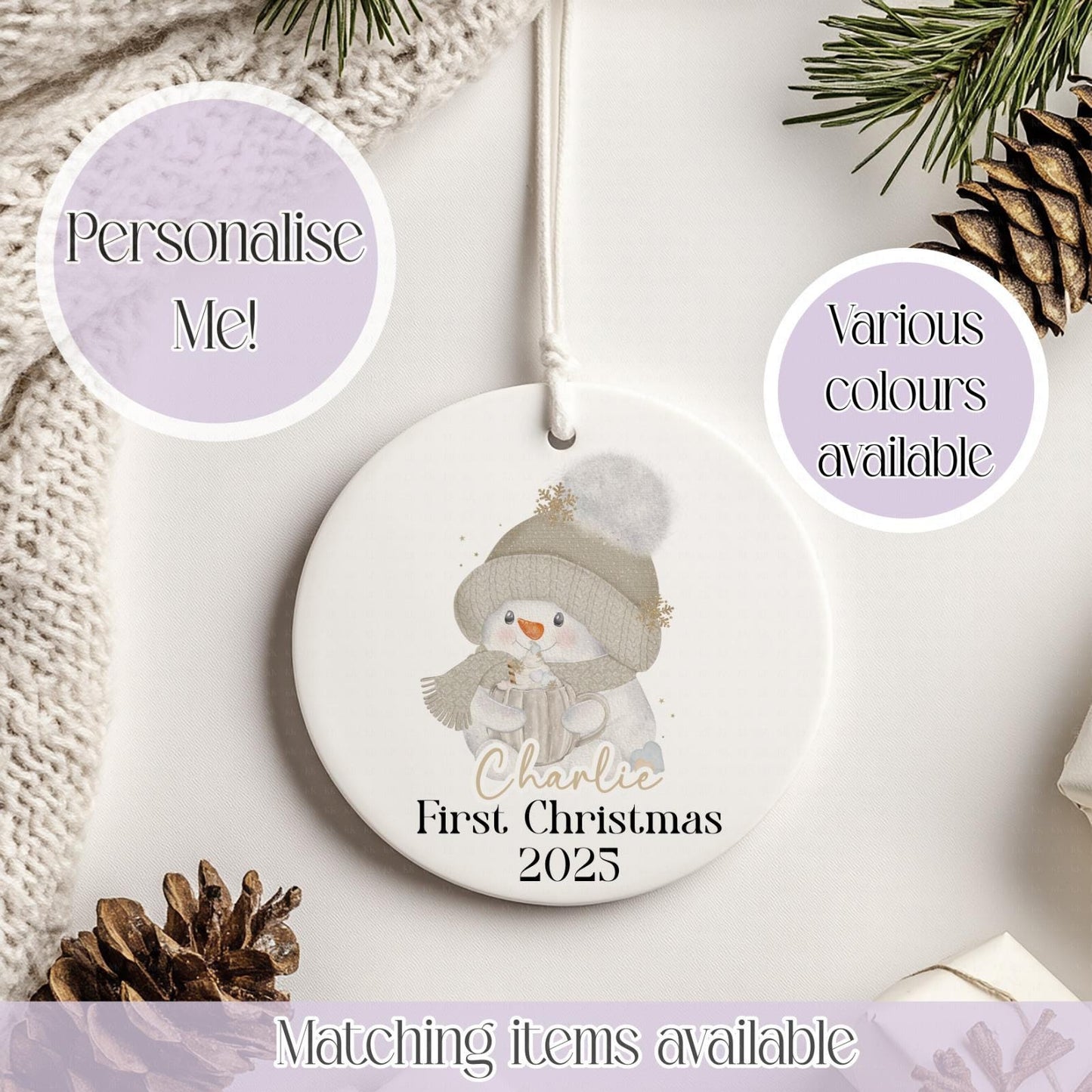 Personalised Cute Snowman Christmas Ceramic Bauble - Christmas Decoration - First Christmas - Fully Editable- Custom Name - Various Colours