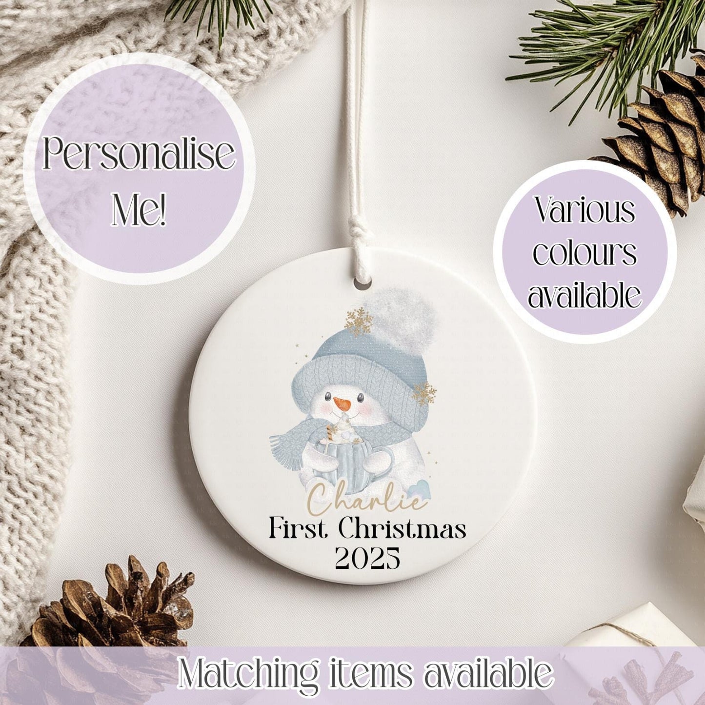 Personalised Cute Snowman Christmas Ceramic Bauble - Christmas Decoration - First Christmas - Fully Editable- Custom Name - Various Colours