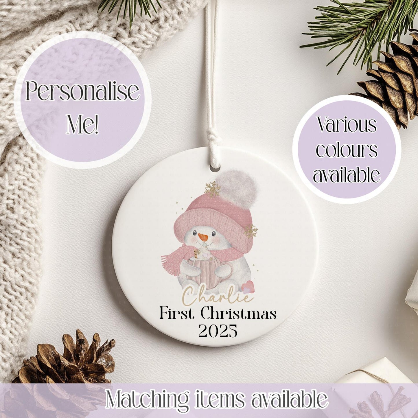 Personalised Cute Snowman Christmas Ceramic Bauble - Christmas Decoration - First Christmas - Fully Editable- Custom Name - Various Colours
