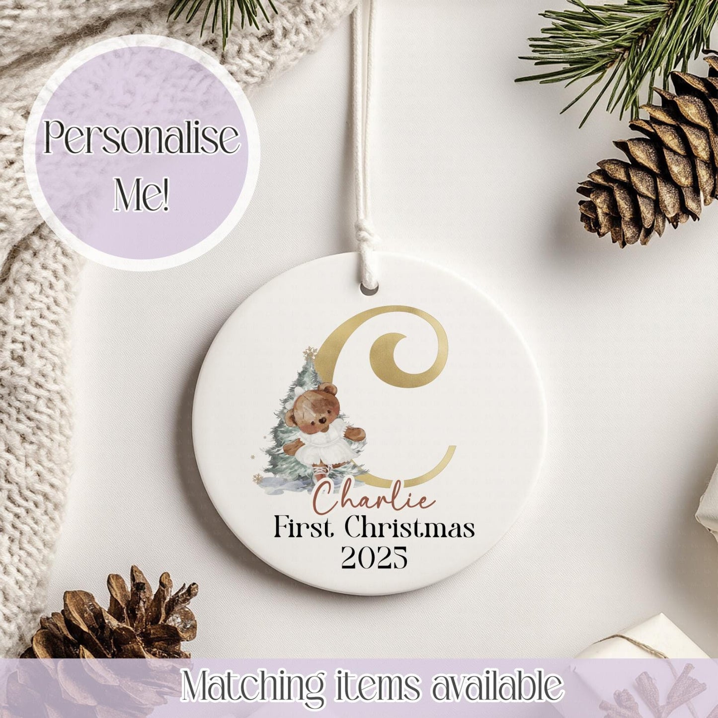 Personalised Balerina Teddy Ceramic Bauble - Christmas Decoration - First Christmas - Fully Editable- Custom Name - Various Colours