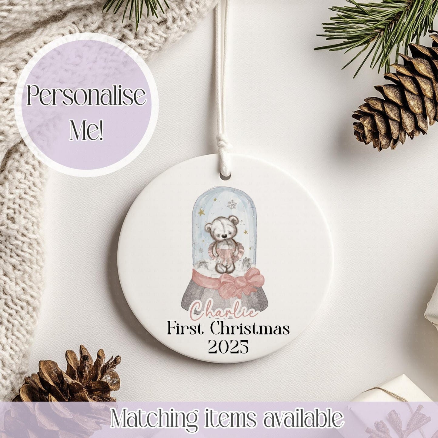 Personalised Balerina Teddy Ceramic Bauble - Christmas Decoration - First Christmas - Fully Editable- Custom Name - Various Colours