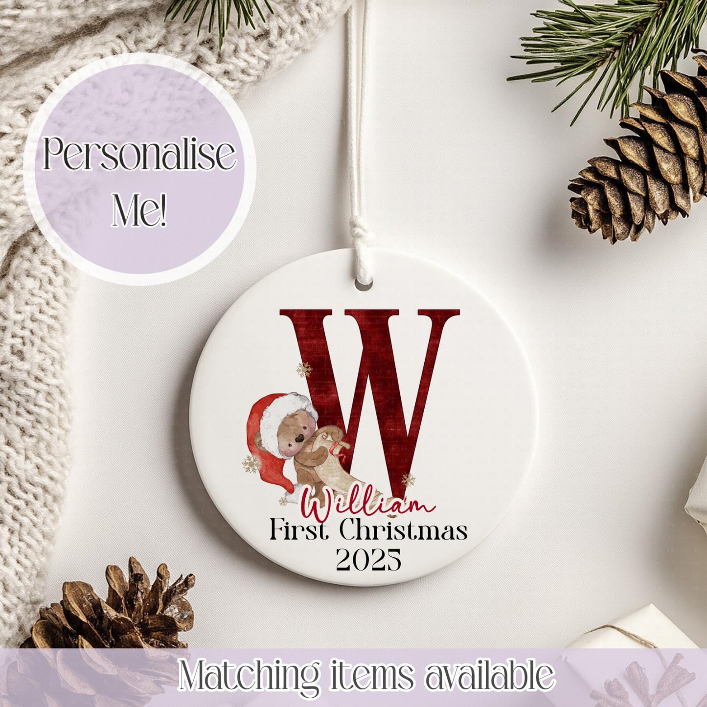Personalised Santa Hat Teddy Ceramic Bauble - Christmas Decoration - First Christmas - Fully Editable- Custom Name - Various Colours