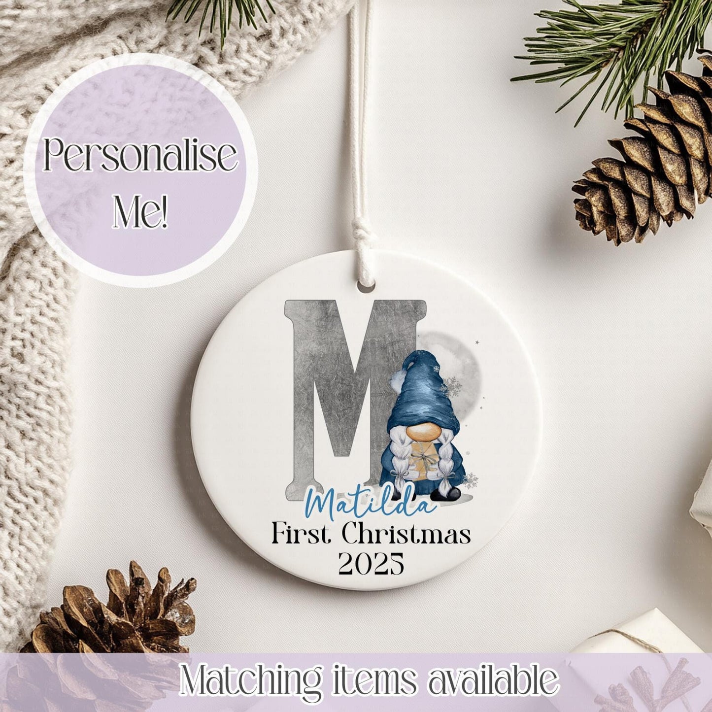 Personalised Christmas Gonk Ceramic Bauble - Christmas Decoration - First Christmas - Fully Editable- Custom Name - Various Colours