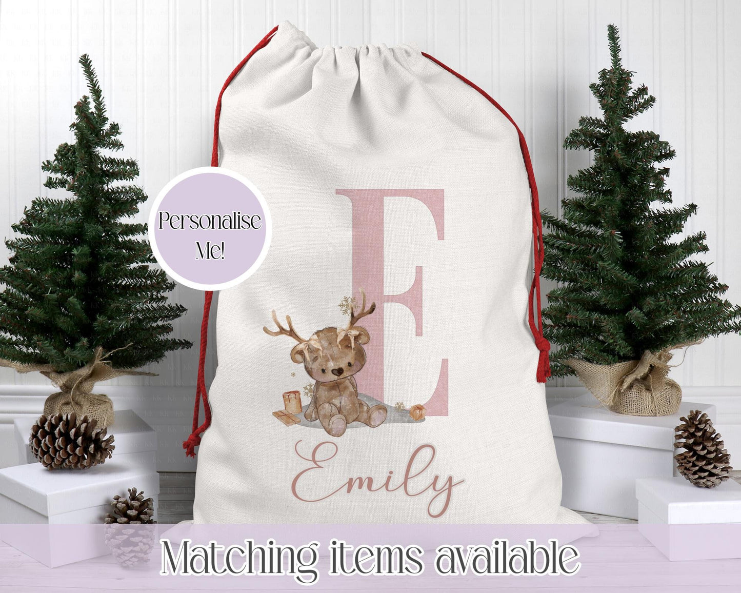 Personalised Christmas Sack β Teddy Bear Reindeer Initial Design | 70 x 50cm | Custom Name Gift Bag - Santa Sack - Various Colours