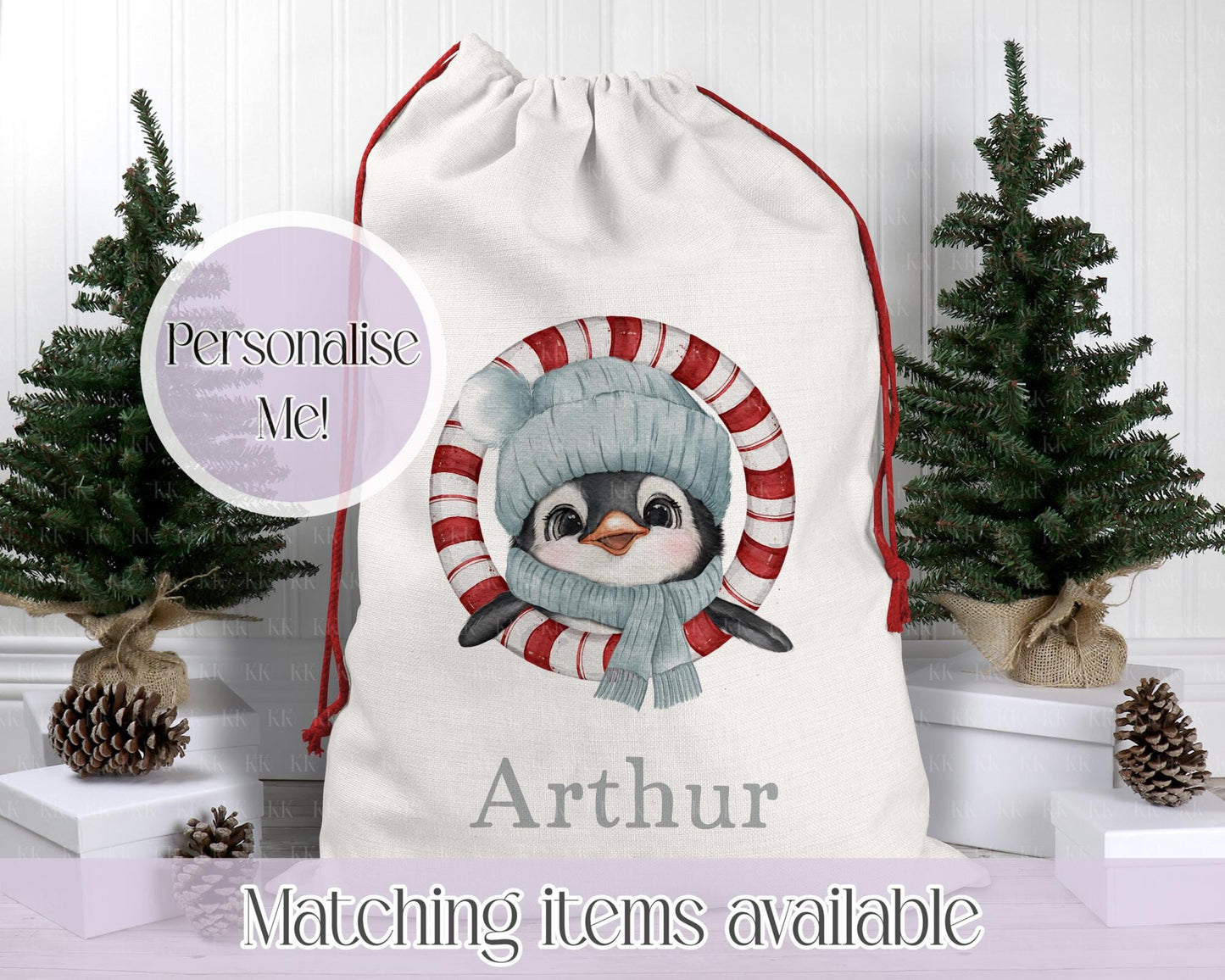 Personalised Penguin Santa Sack – 50x70cm | Custom Penguin Christmas Bag | Choose Colour & Font | Christmas Gift Bag for Kids