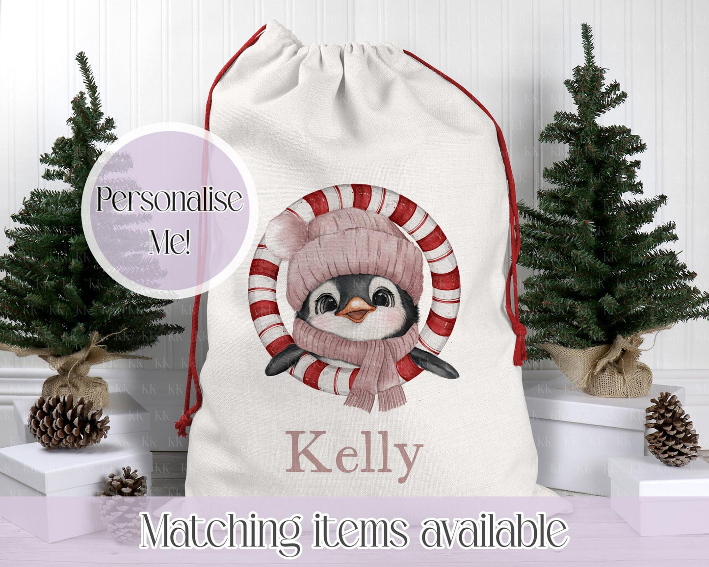 Personalised Penguin Santa Sack – 50x70cm | Custom Penguin Christmas Bag | Choose Colour & Font | Christmas Gift Bag for Kids