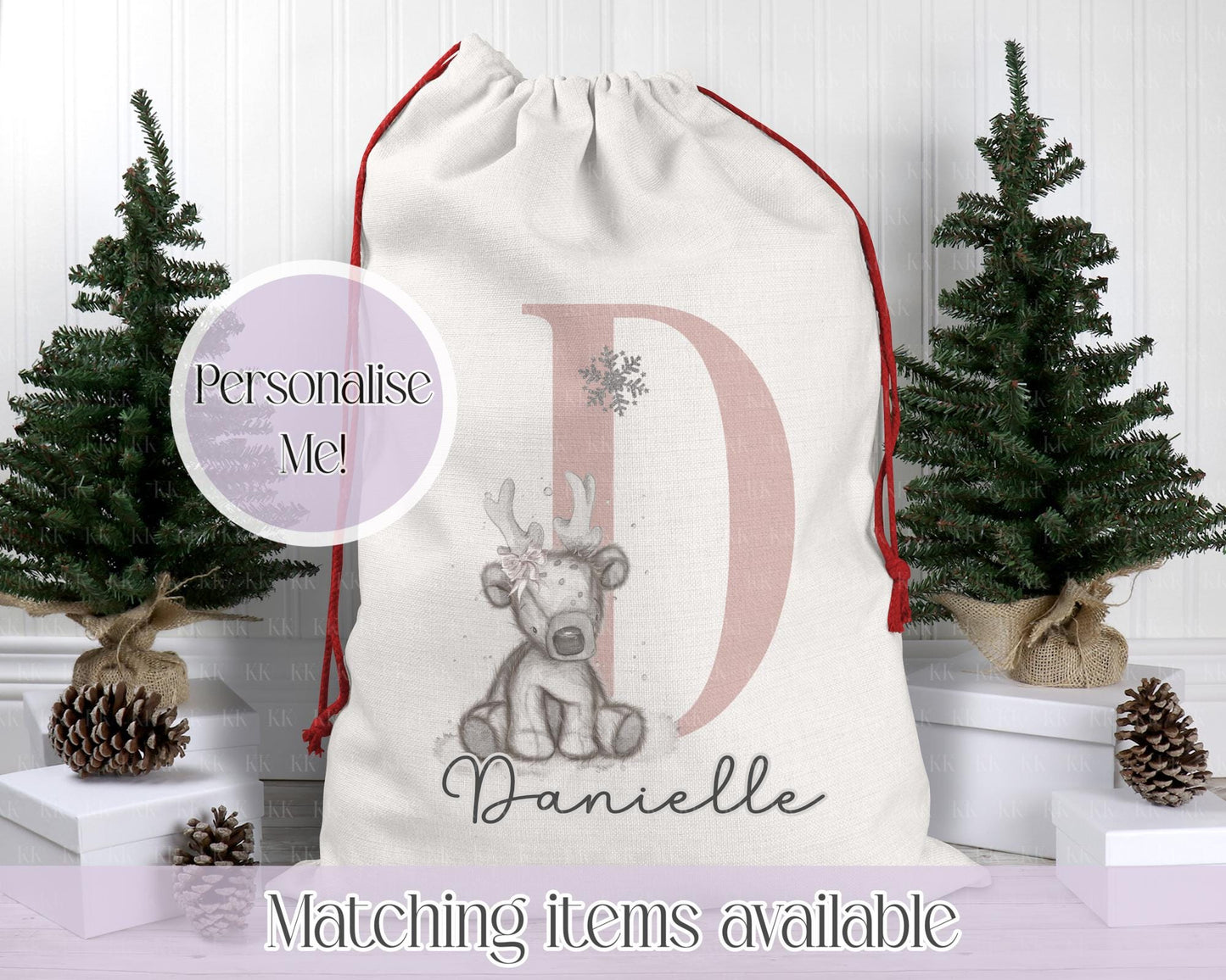 Personalised Reindeer Christmas Sack β Teddy Reindeer Initial Design | 70 x 50cm | Custom Name Gift Bag - Santa Sack - Various Colours
