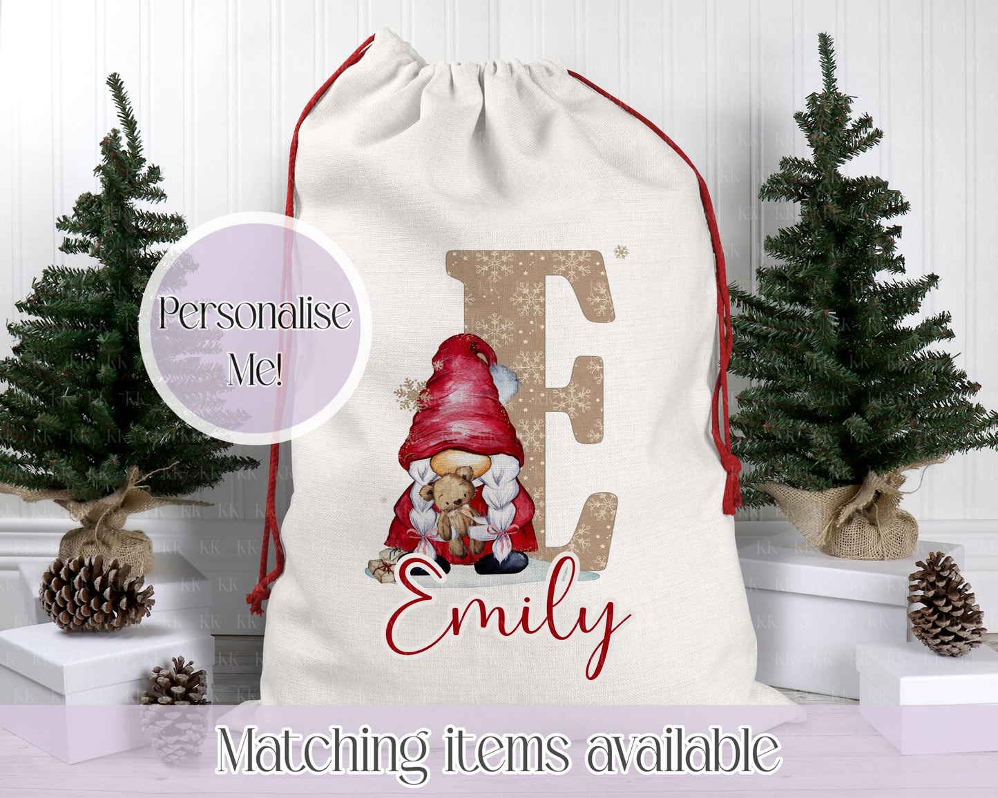 Personalised Gonk Christmas Sack β Red Girl and Teddy Design | 70 x 50cm | Custom Name Gift Bag - Santa Sack
