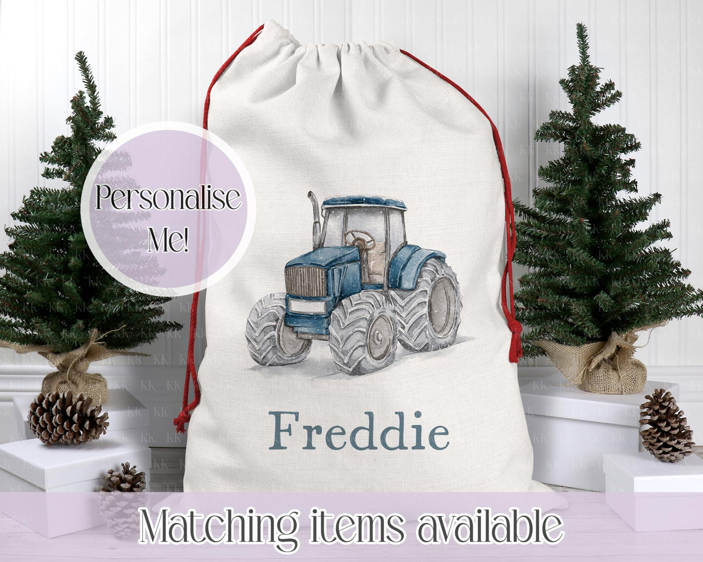 Personalised Tractor Christmas Sack β Snowy Hand drawn Tractor Design | 70 x 50cm | Custom Name Gift Bag - Santa Sack