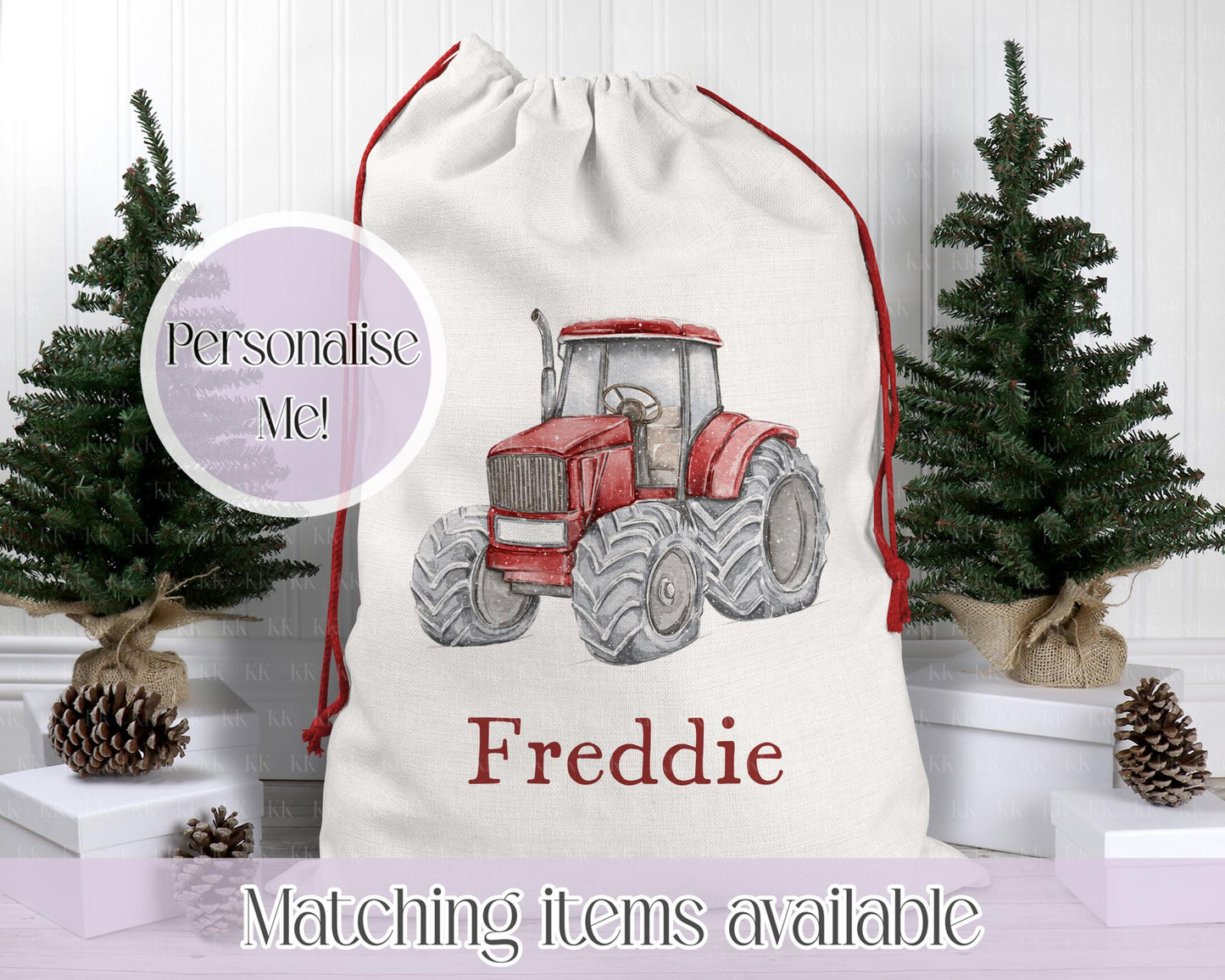 Personalised Tractor Christmas Sack β Snowy Hand drawn Tractor Design | 70 x 50cm | Custom Name Gift Bag - Santa Sack