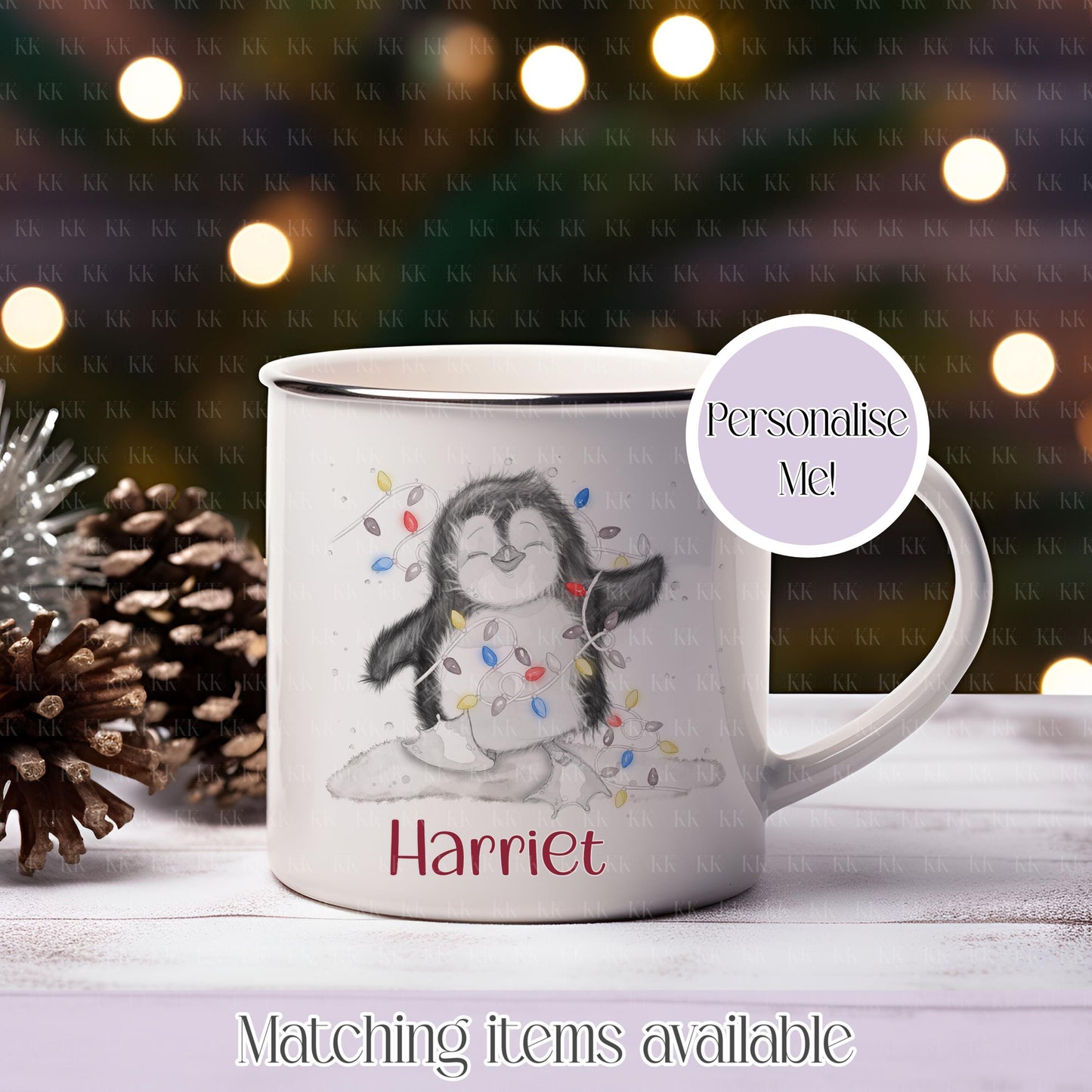 Personalised Penguin Christmas Mug - Enamel – Custom Name Christmas Mug | Hot Cocoa Mug | Gift for Kids, Friends, Couples | Penguin Lover