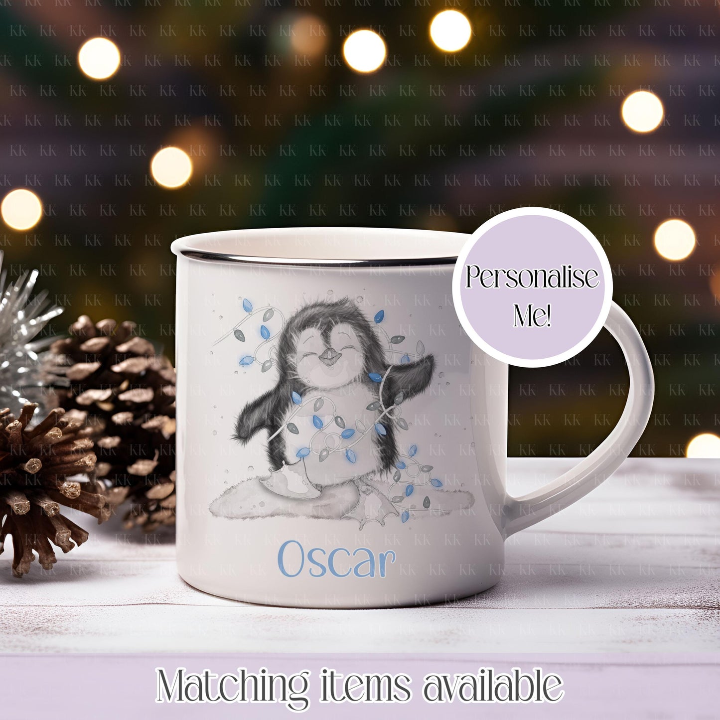 Personalised Penguin Christmas Mug - Enamel – Custom Name Christmas Mug | Hot Cocoa Mug | Gift for Kids, Friends, Couples | Penguin Lover