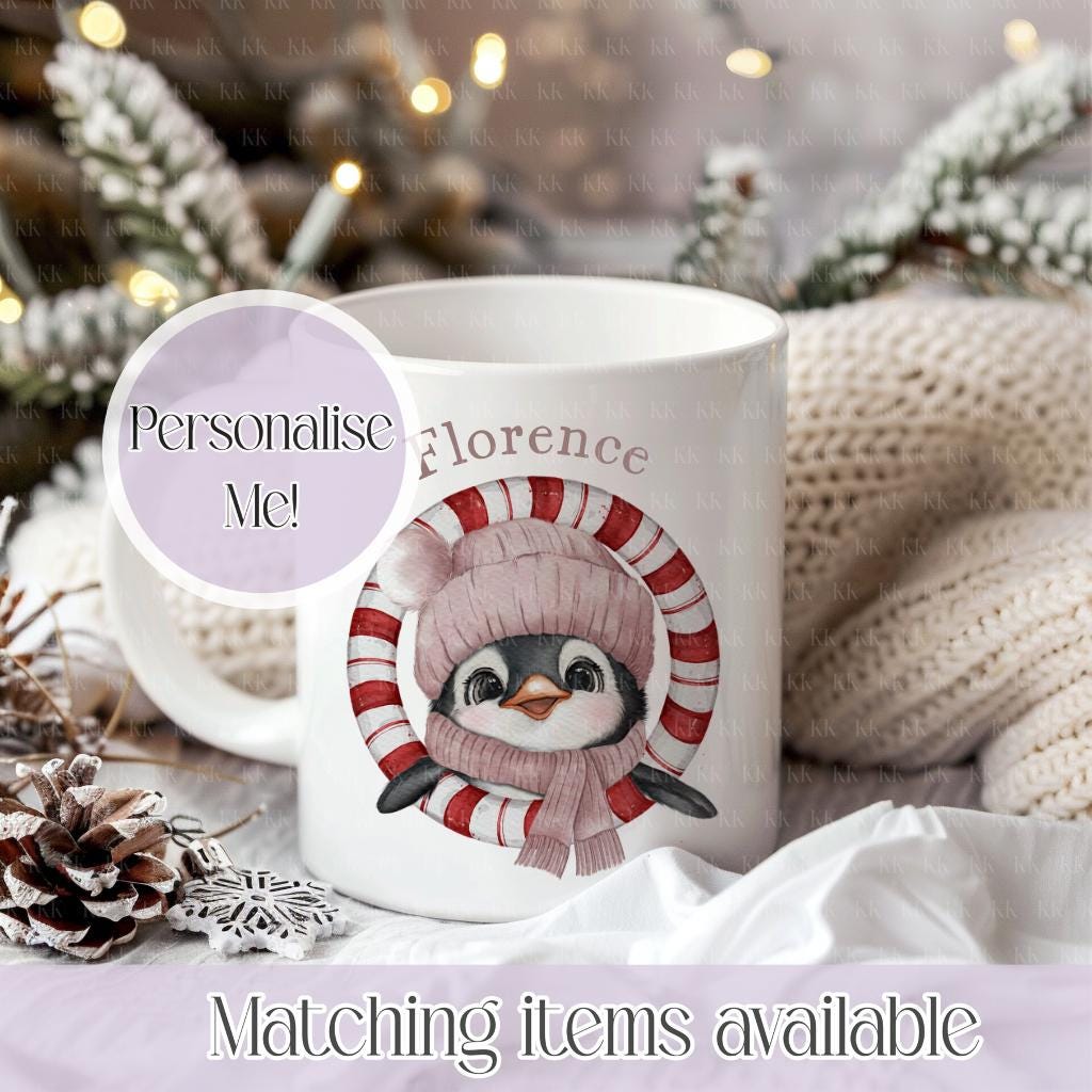 Personalised Christmas Penguin Mug – Enamel or Ceramic | Custom Name | 4 Colours | Optional Matching Handle | Holiday Gift for Kids & Adults