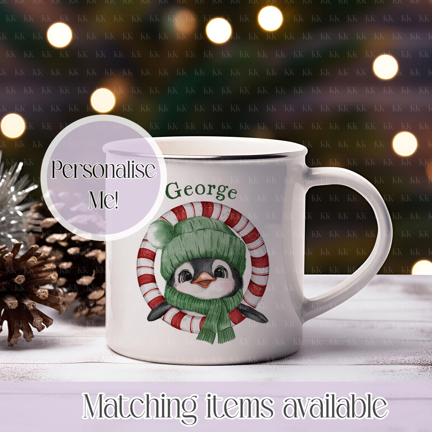 Personalised Christmas Penguin Mug – Enamel or Ceramic | Custom Name | 4 Colours | Optional Matching Handle | Holiday Gift for Kids & Adults