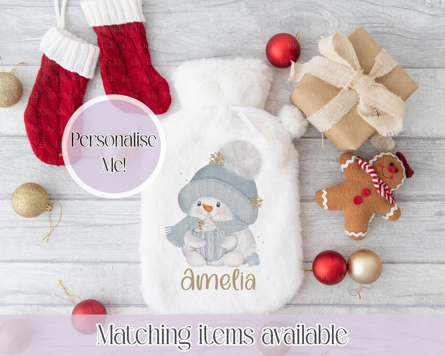 Personalised Snowman Fluffy Hot Water Bottle with Faux Fur Cover – 2L Hot Water Bottle in Gift Box, Winter Warmer, Christmas Gift