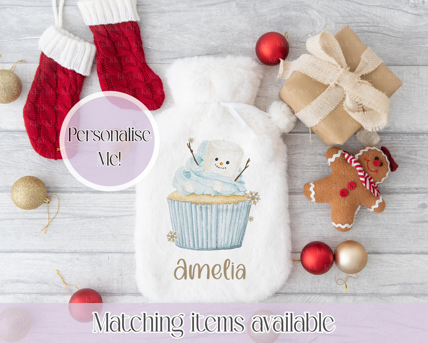 Personalised Christmas Cupcakes Fluffy Hot Water Bottle with Faux Fur Cover – 2L Hot Water Bottle in Gift Box, Winter Warmer, Christmas Gift