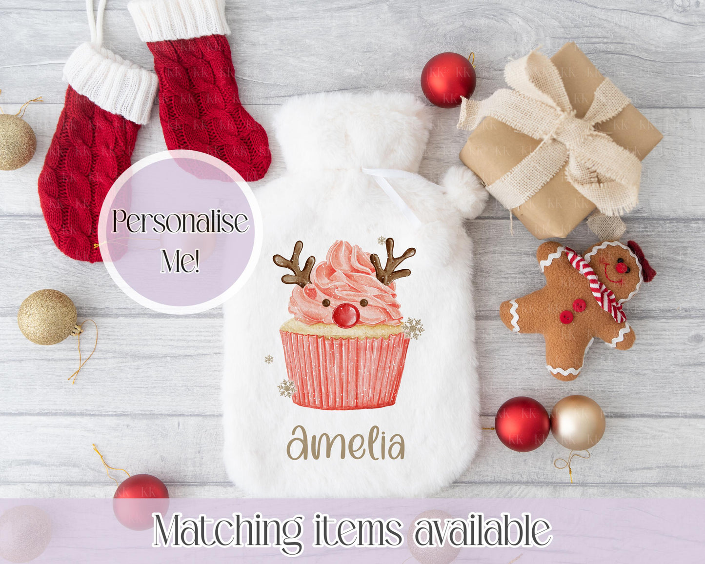 Personalised Christmas Cupcakes Fluffy Hot Water Bottle with Faux Fur Cover – 2L Hot Water Bottle in Gift Box, Winter Warmer, Christmas Gift