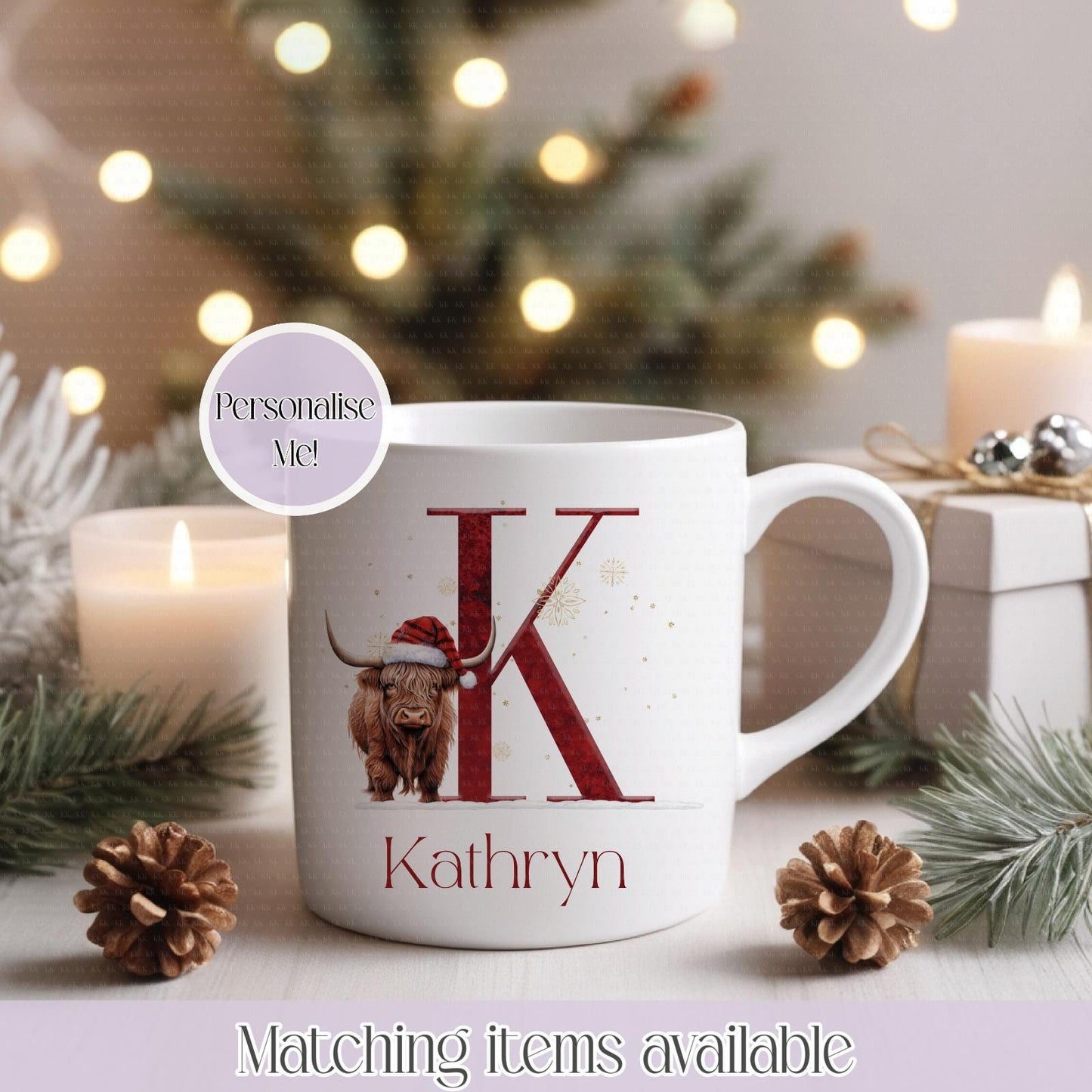 Personalised Highland Cow Initial Mug - Custom 11oz White or Enamel Mug - Highland Christmas Design - Christmas Stocking Filler