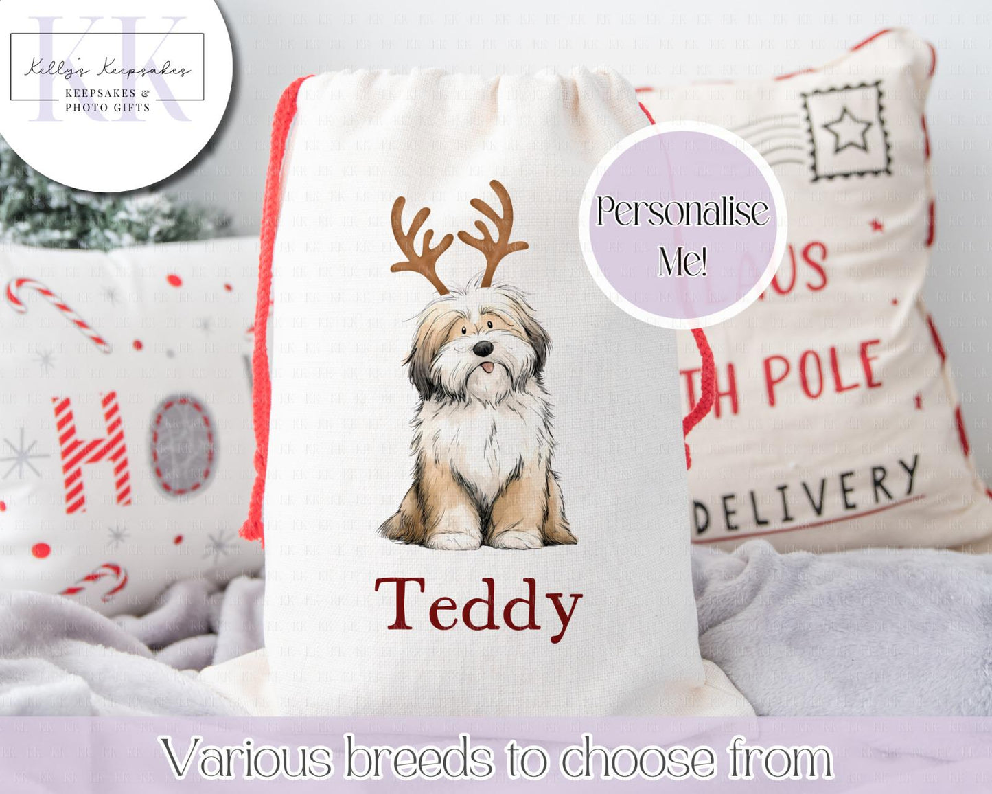 Personalised Dog Breed Santa Present Sack- Treat Sack- Christmas Sack- For The Dog - Santa Sack