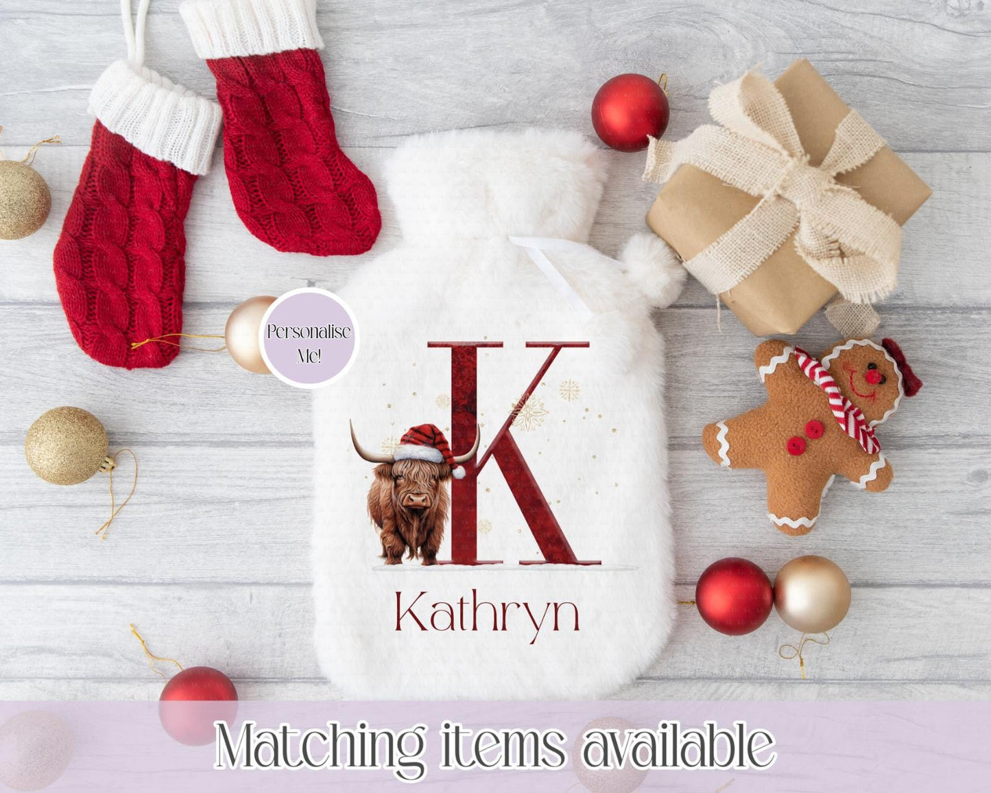 Personalised Highland initial Fluffy Hot Water Bottle with Faux Fur Cover –2L Hot Water Bottle in Gift Box, Winter Warmer Christmas Gift