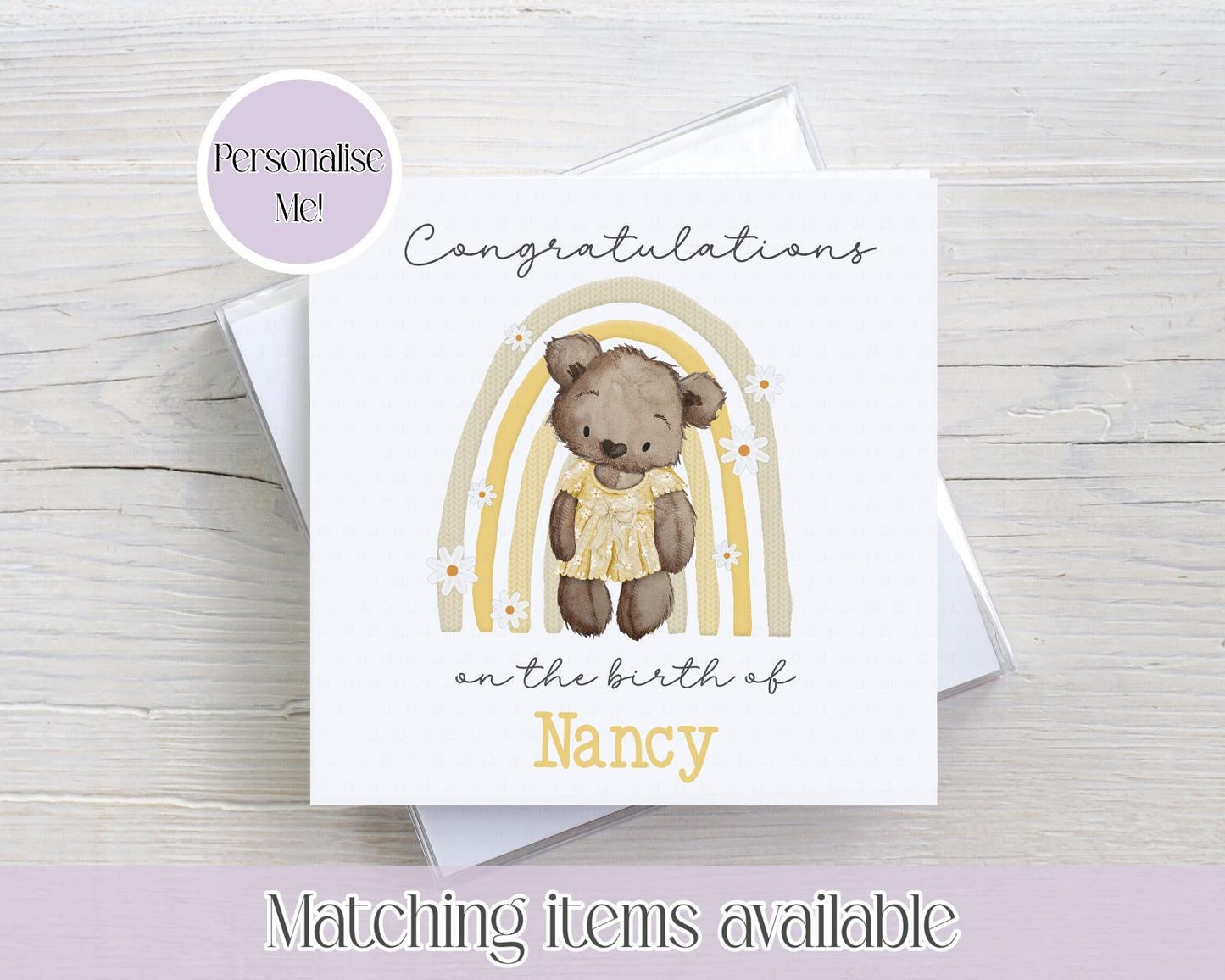Congratulations on the birth of- teddy bear rainbow - custom name - Kids - Children - Cards for kids birthdays - Newborn