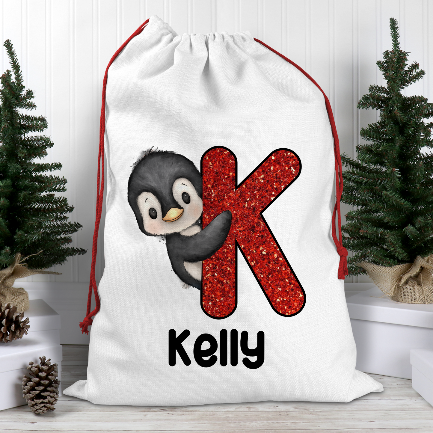 Christmas penguin personalised initial Santa sack - Christmas Sack - 70 x 50 cm - custom name