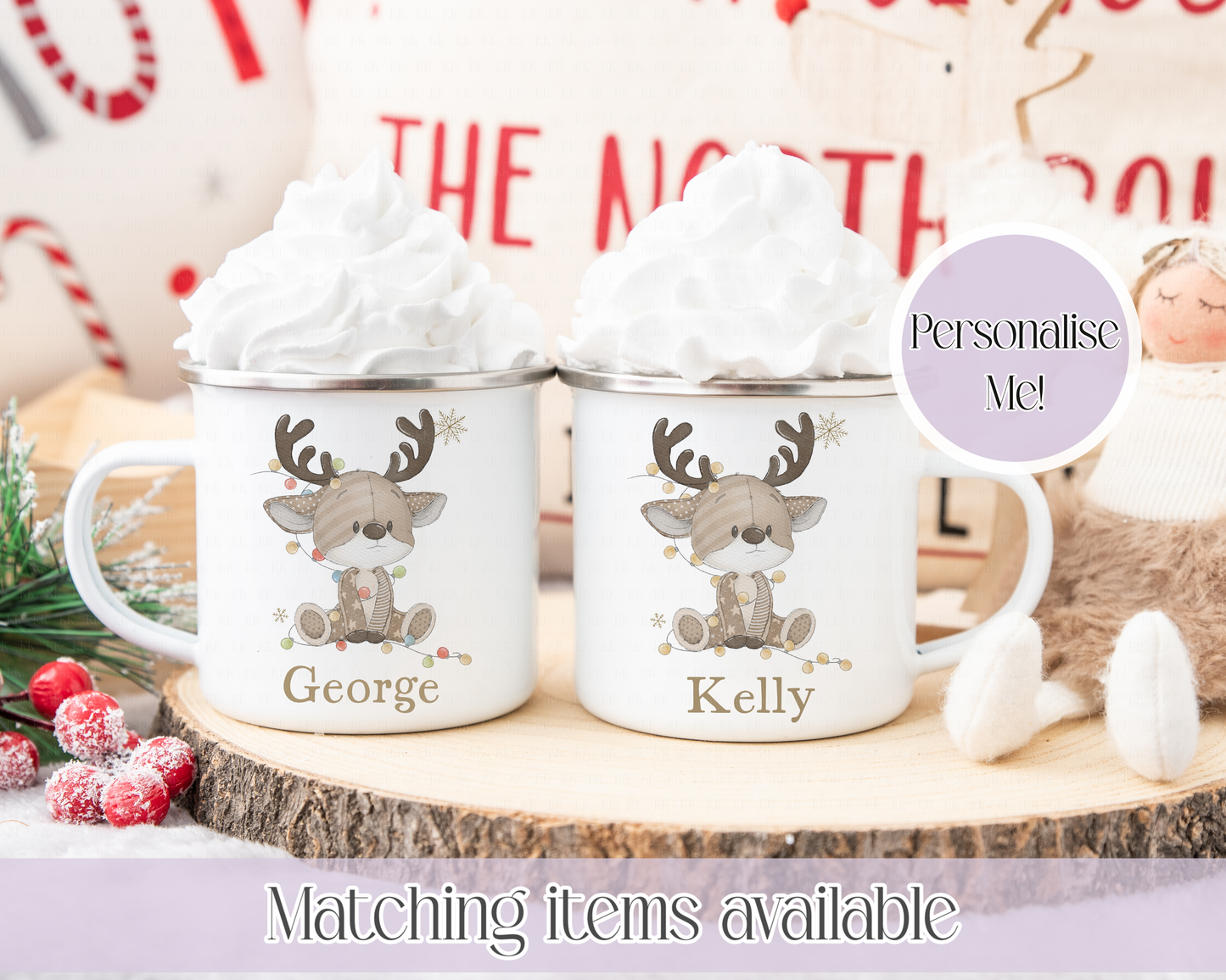 Personalised Christmas Reindeer Fairy Lights Mug – Enamel or Ceramic | Custom Name | Christmas Hot Chocolate Mug (Copy) (Copy)
