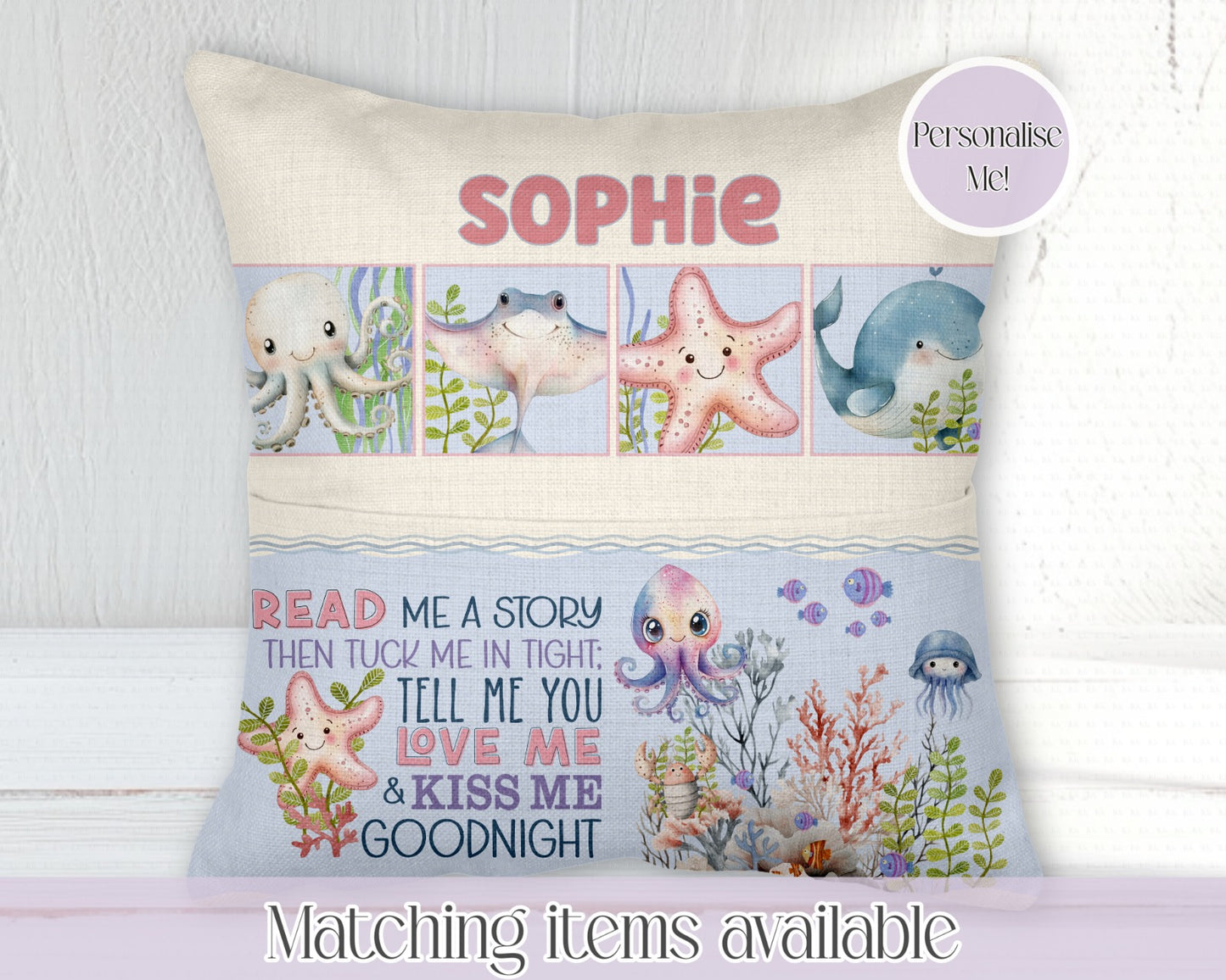 Under the sea book pocket cushion - young reader - personalised cushion - 2 options