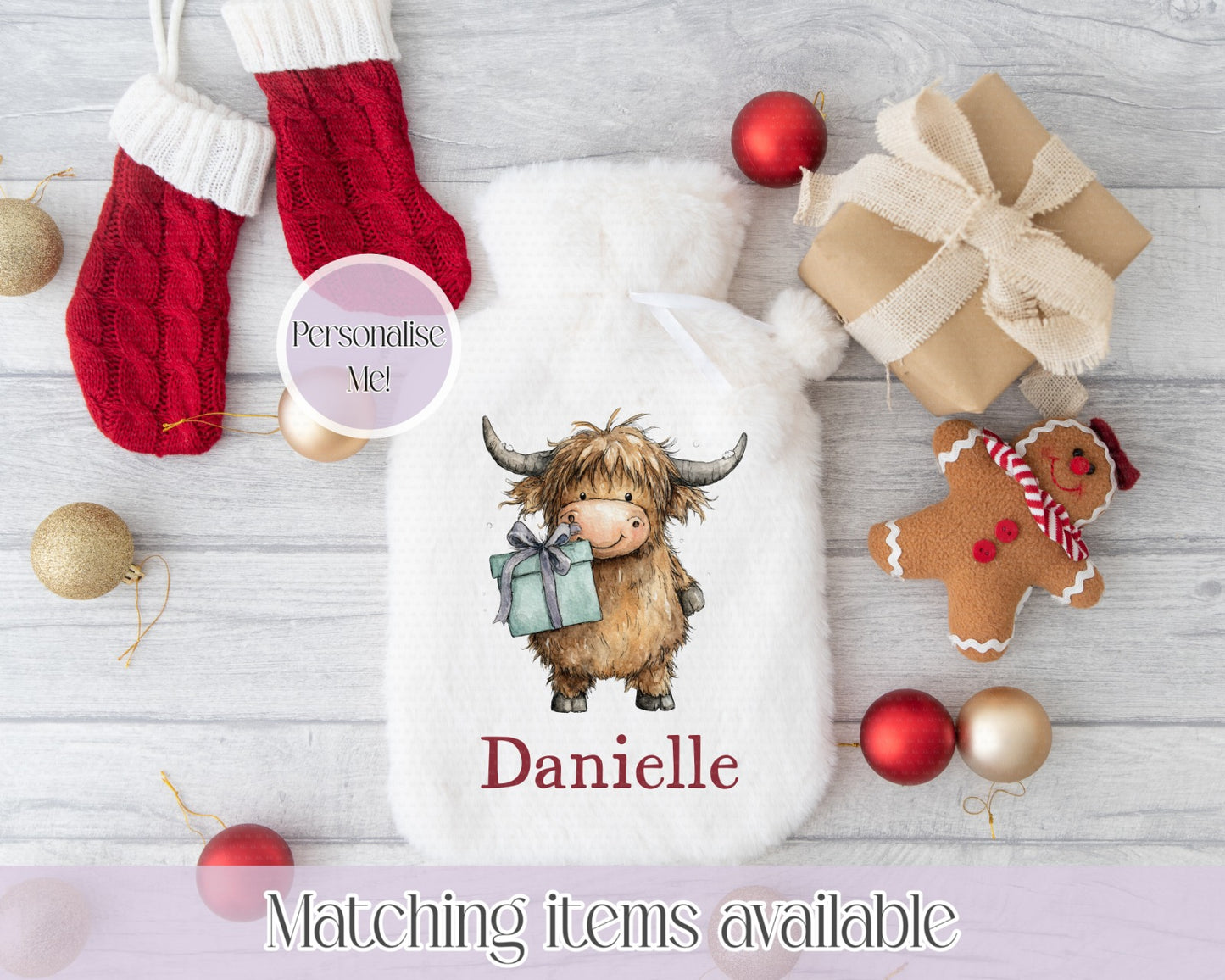 Christmas Cute Highland Cow Hot Water Bottle- Cosy Christmas - custom name
