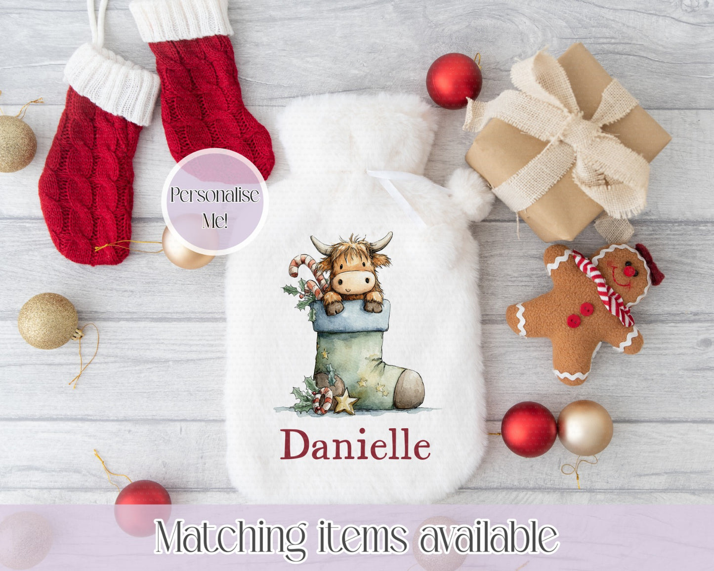 Christmas Cute Highland Cow Hot Water Bottle- Cosy Christmas - custom name